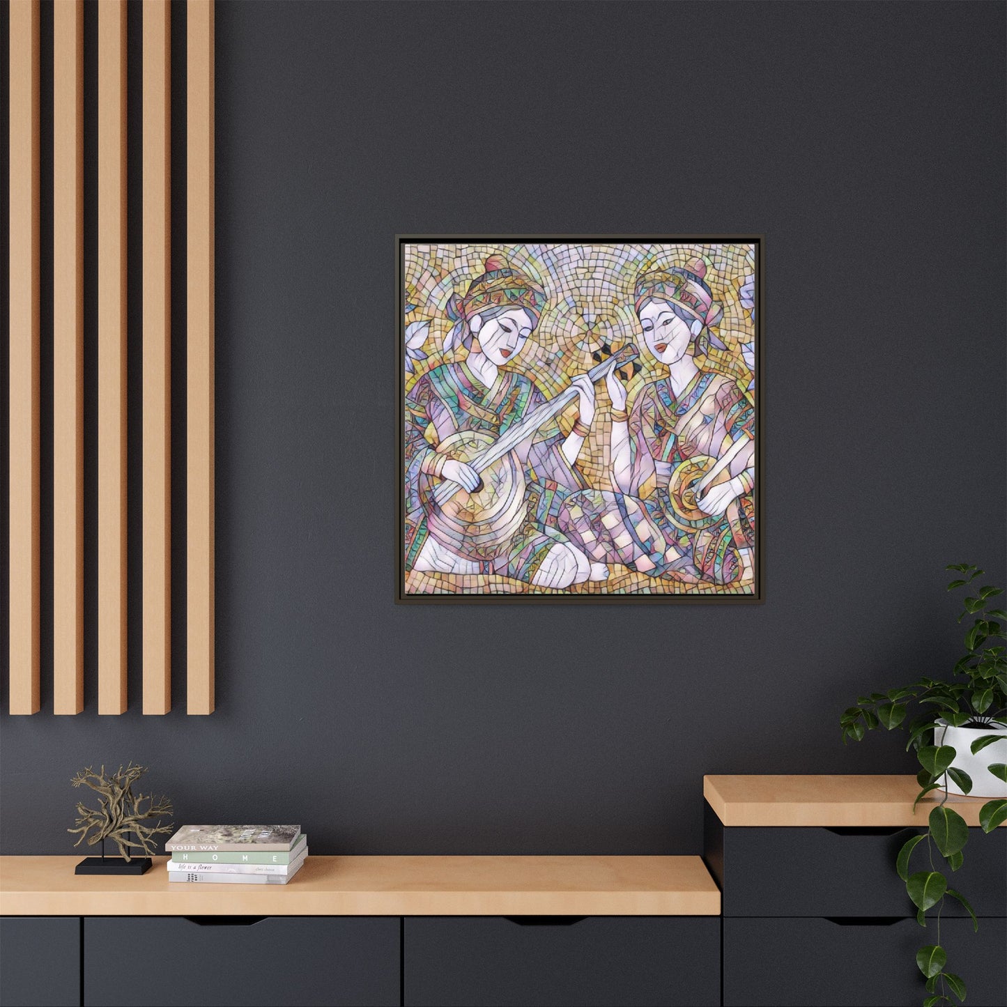 Framed Mosaic Musician Canvas Art — Ethnic Duo Wall Decor