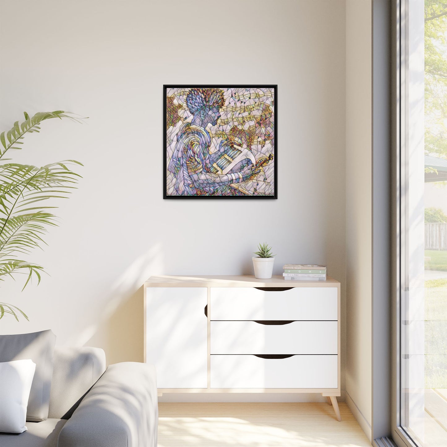 Abstract Jazz Musician Framed Canvas Art — Colorful Stained-Glass Style Wall Decor