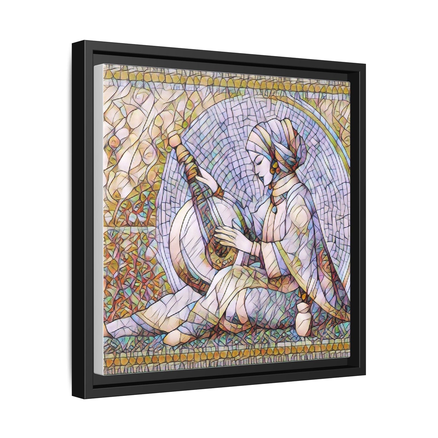 Framed Matte Canvas: Mosaic Lute Player Wall Art — Bohemian Musical Portrait