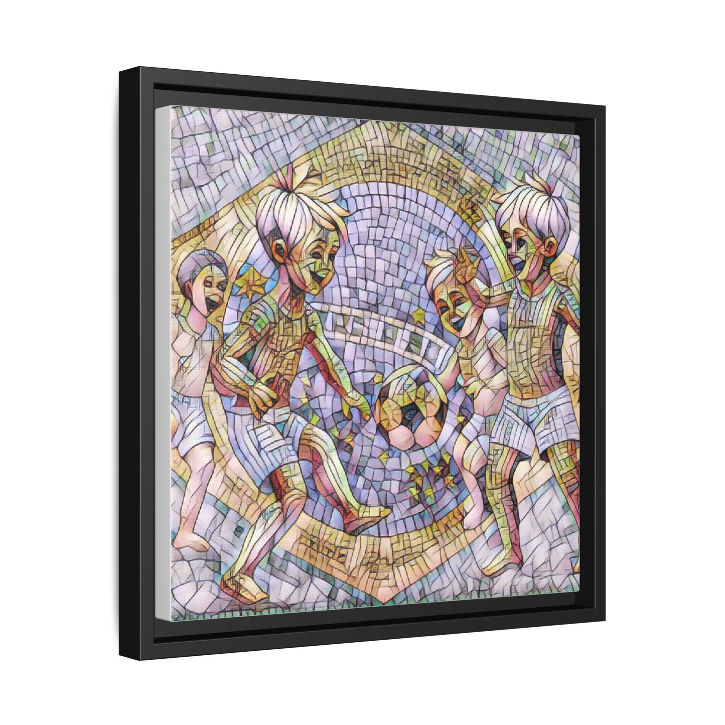 Framed Matte Canvas – Vintage Mosaic Kids Playing Soccer Art