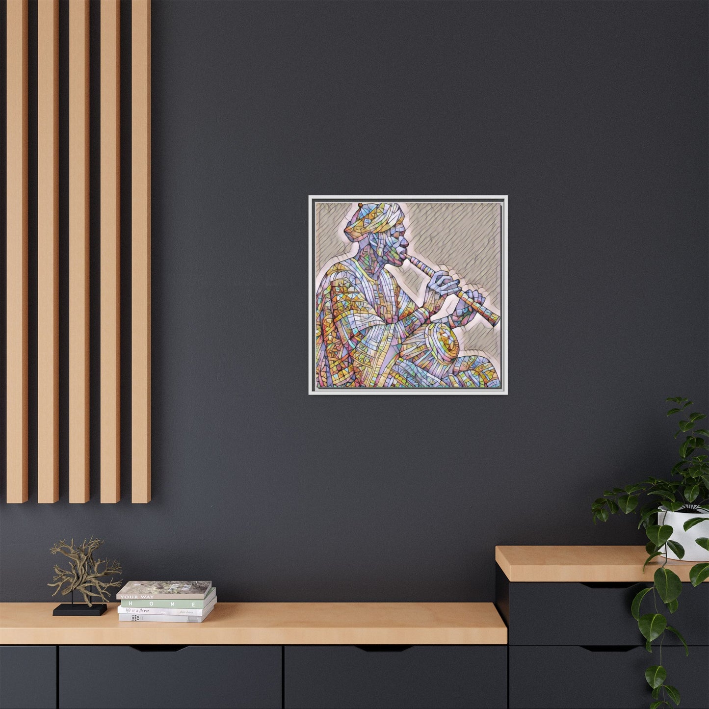 Framed Canvas Art — Colorful Middle Eastern Flute Player Print