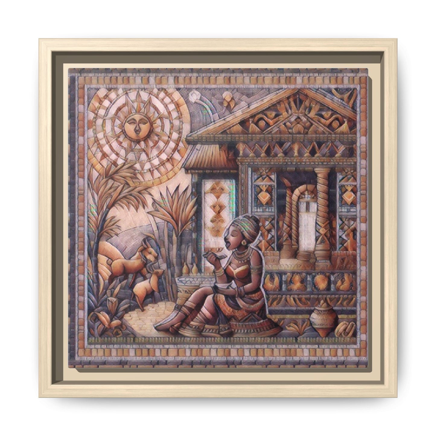 Egyptian Goddess Mosaic Framed Canvas Art — Colorful Ancient Ritual Wall Decor