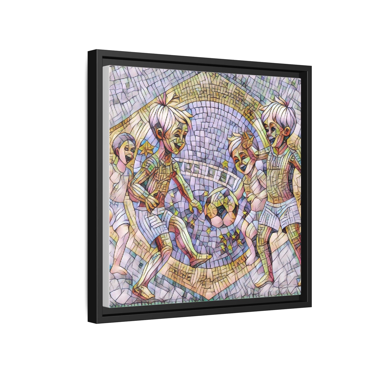 Framed Matte Canvas – Vintage Mosaic Kids Playing Soccer Art