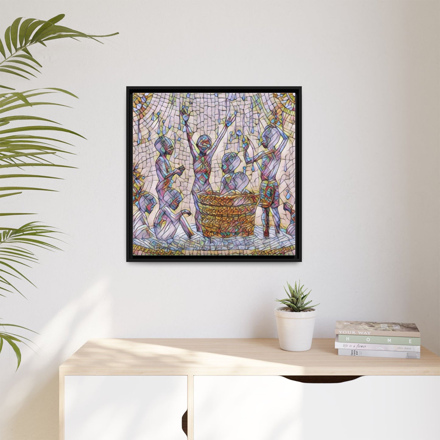 Framed Matte Canvas Art — Children Playing Mosaic Illustration