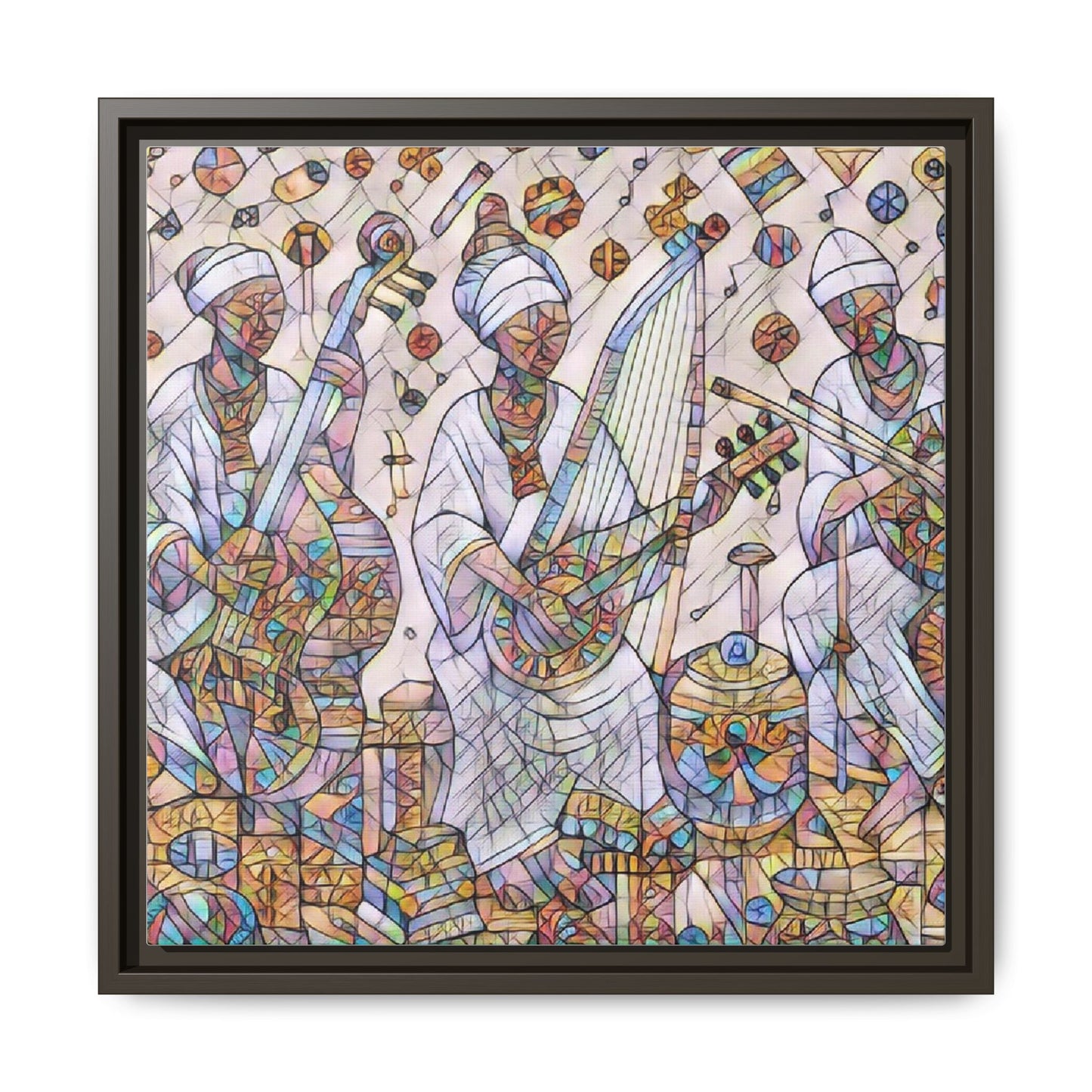 Framed Matte Canvas Print — Colorful African Musicians Stained-Glass Art