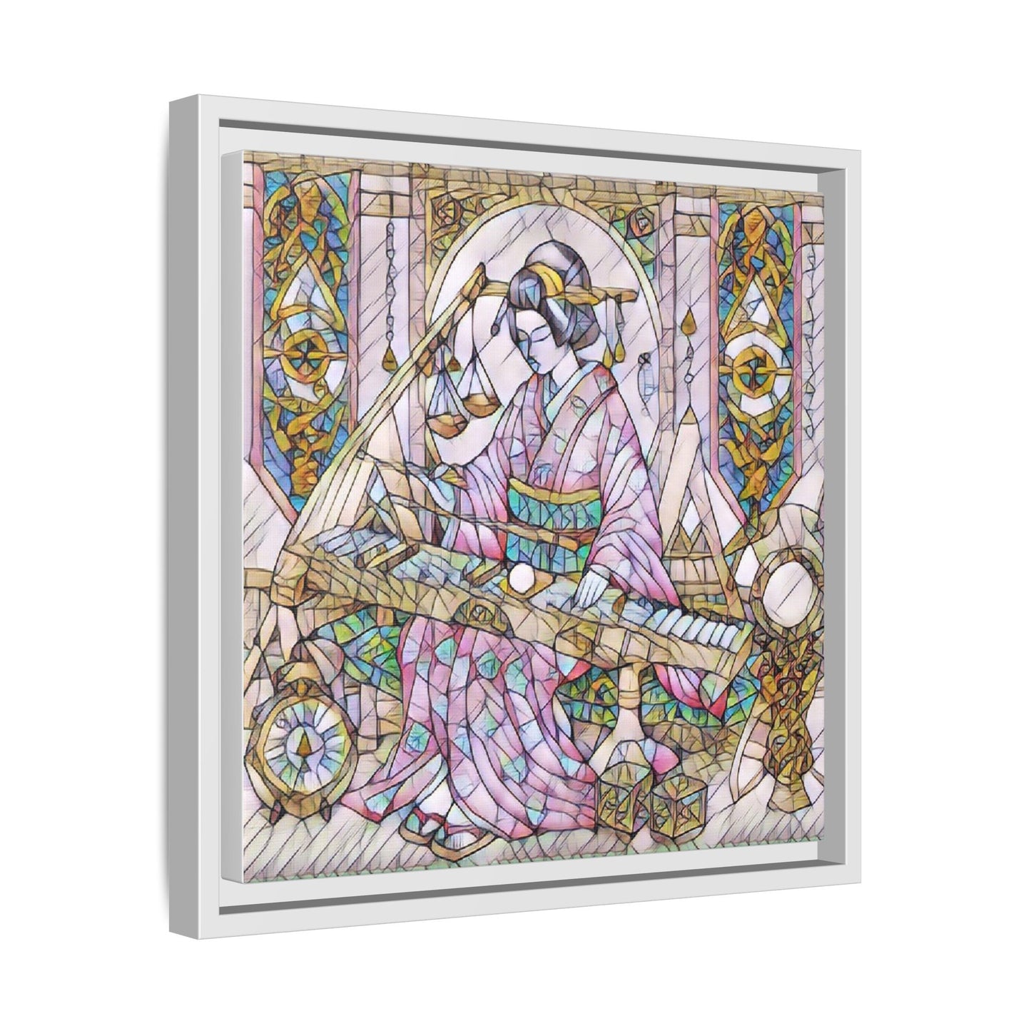 Framed Matte Canvas — Geisha Harp Stained-Glass Art Print