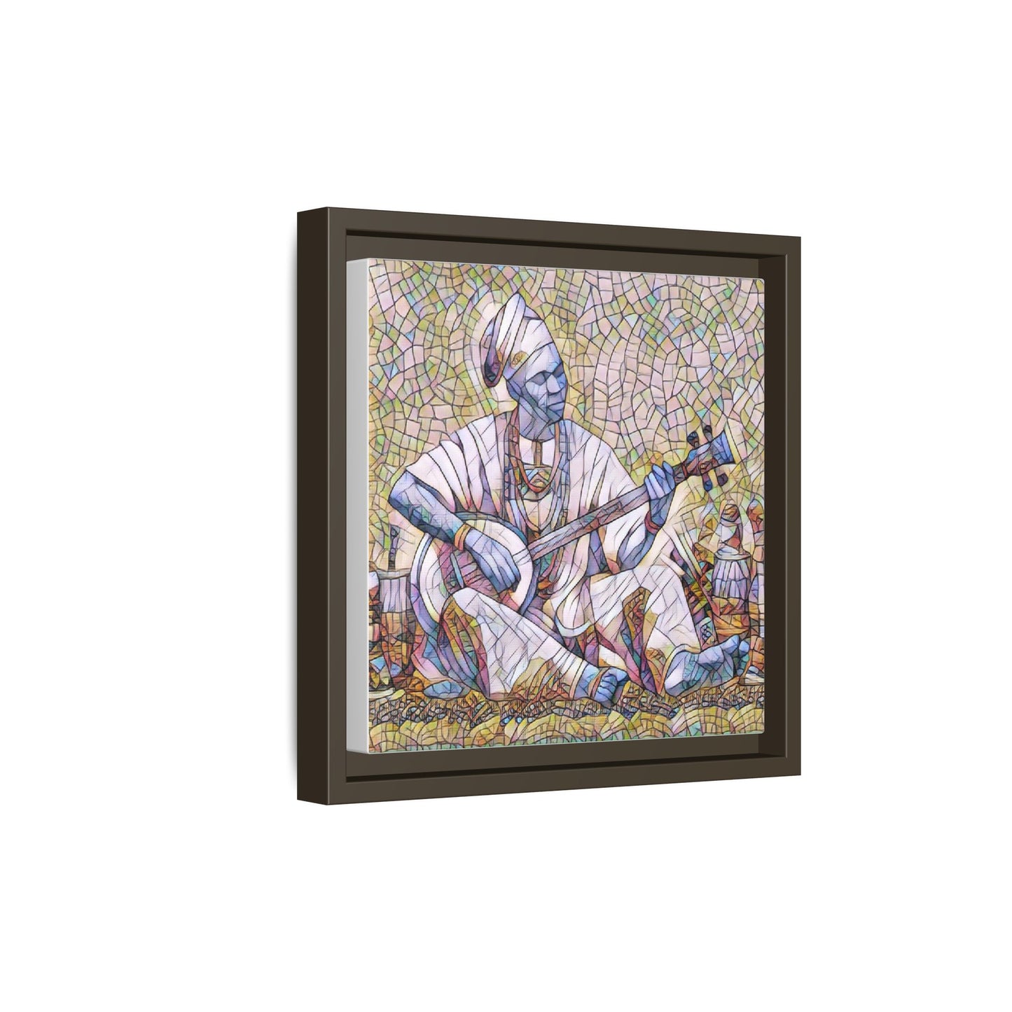 Framed Mosaic Musician Canvas Art — African Griot with Kora