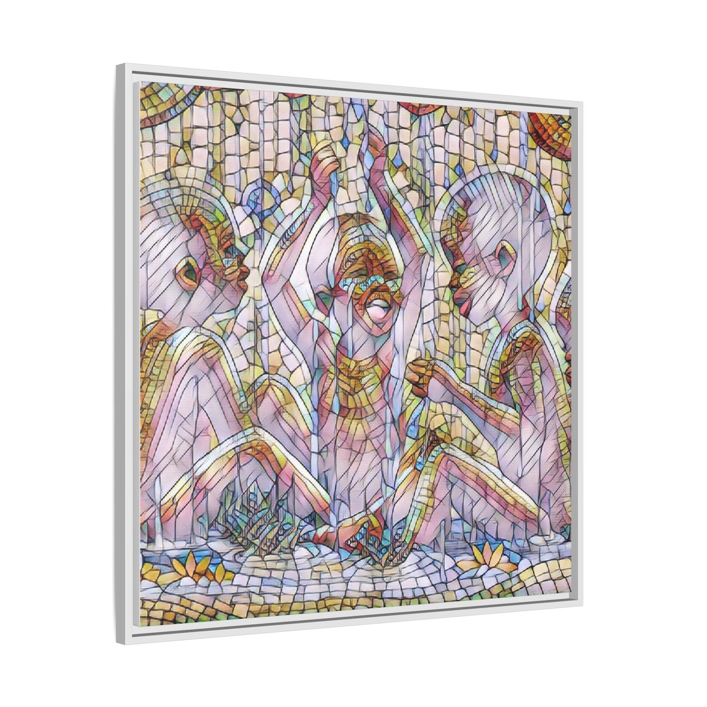Framed Matte Canvas Art — Mosaic Children Playing (Multicolor)
