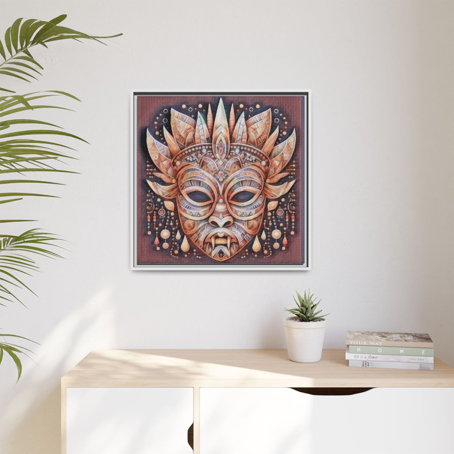 Tribal Sun Mask Framed Canvas Art — Boho Ethnic Wall Decor