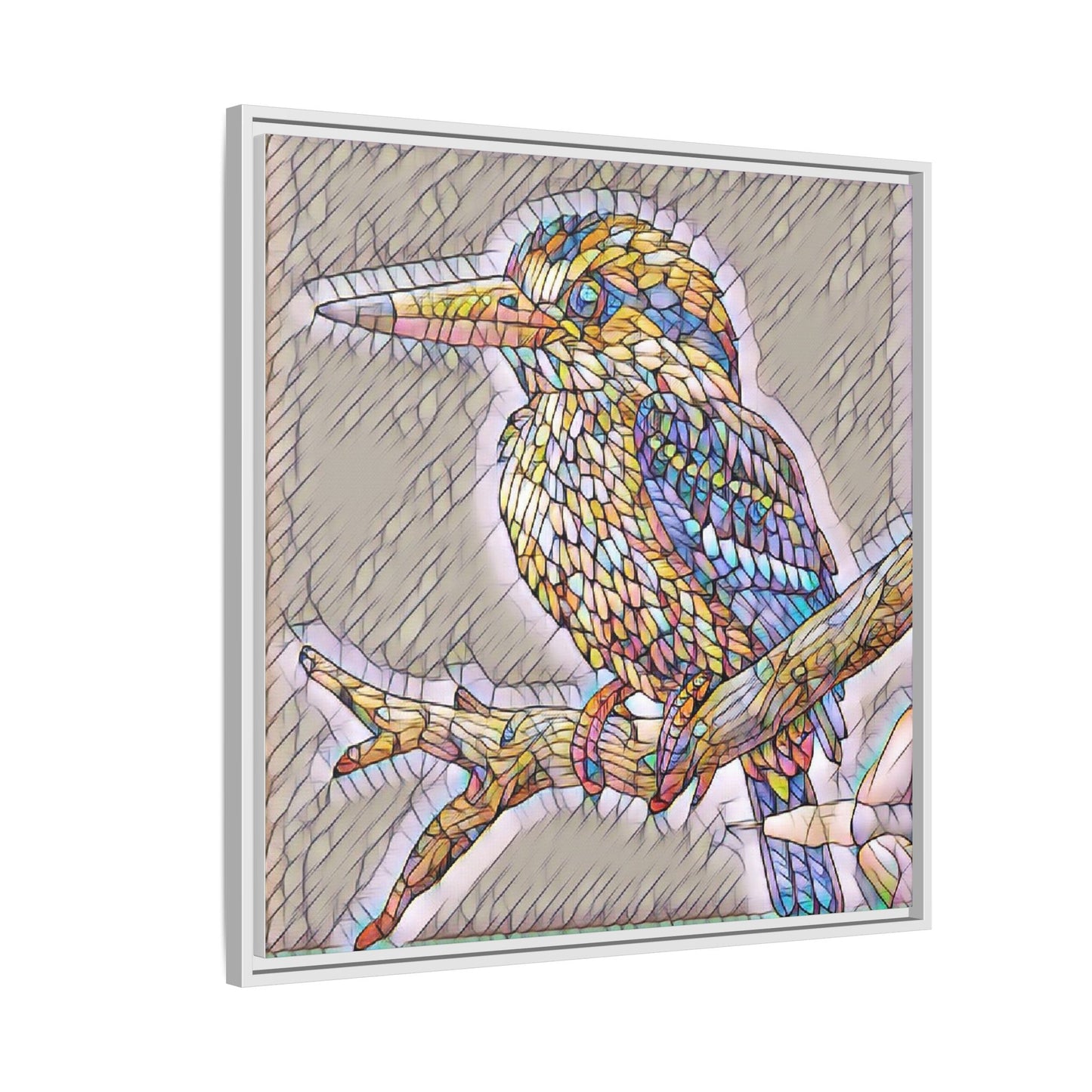 Colorful Kingfisher Framed Canvas Wall Art — Stained-Glass Style Bird Print