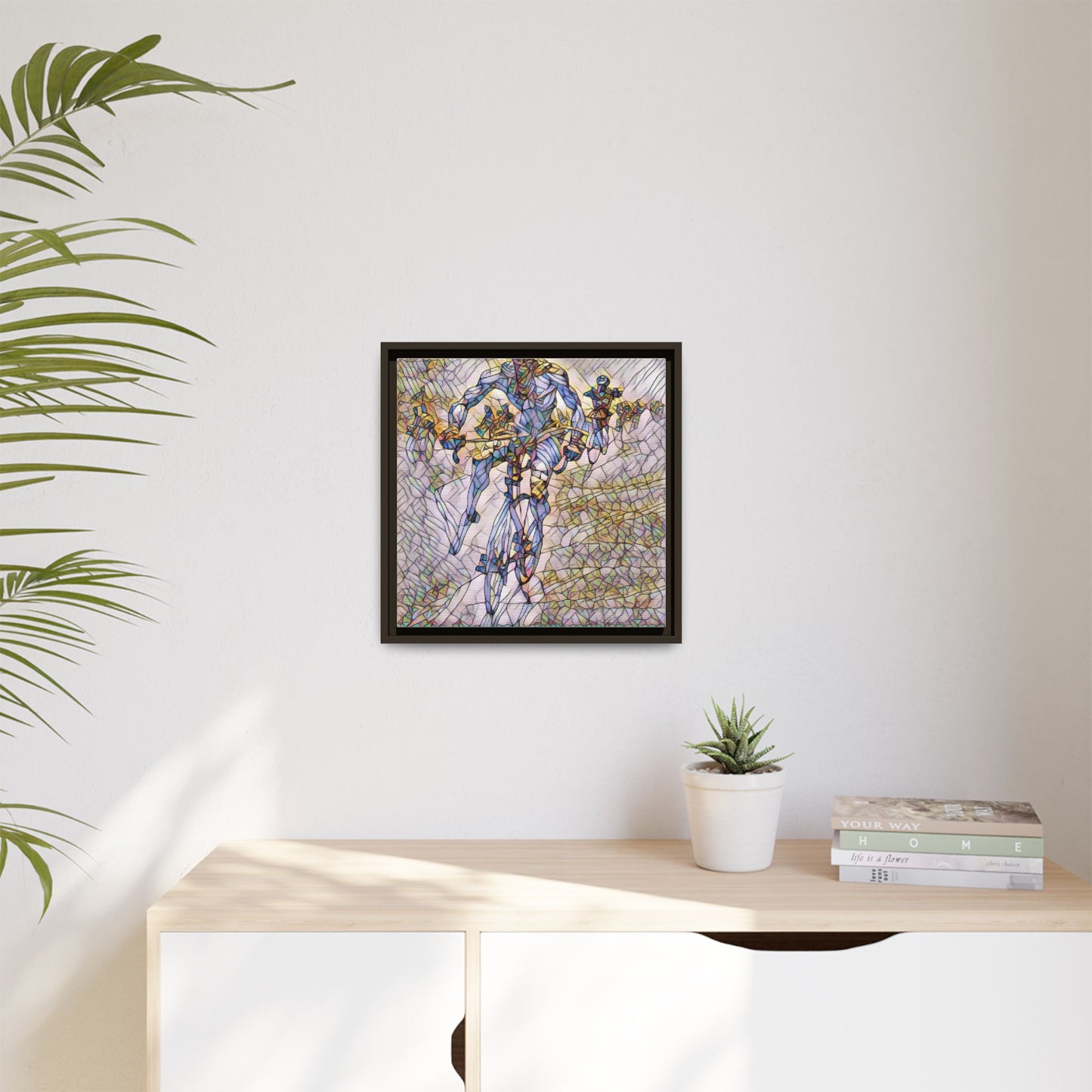 Abstract Cyclist Matte Canvas Framed Art — Colorful Stained-Glass Bike Print