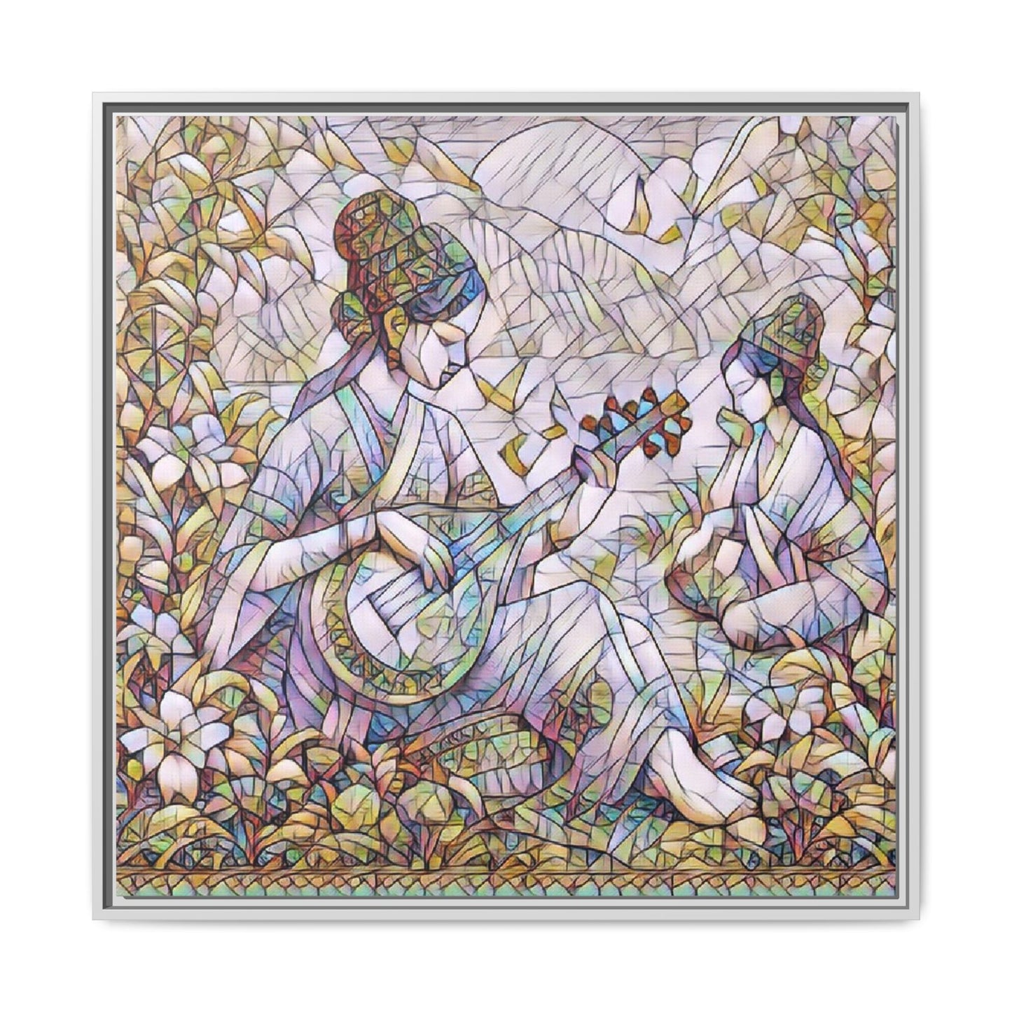 Framed Matte Canvas Art - Vintage Asian Musicians Floral Illustration