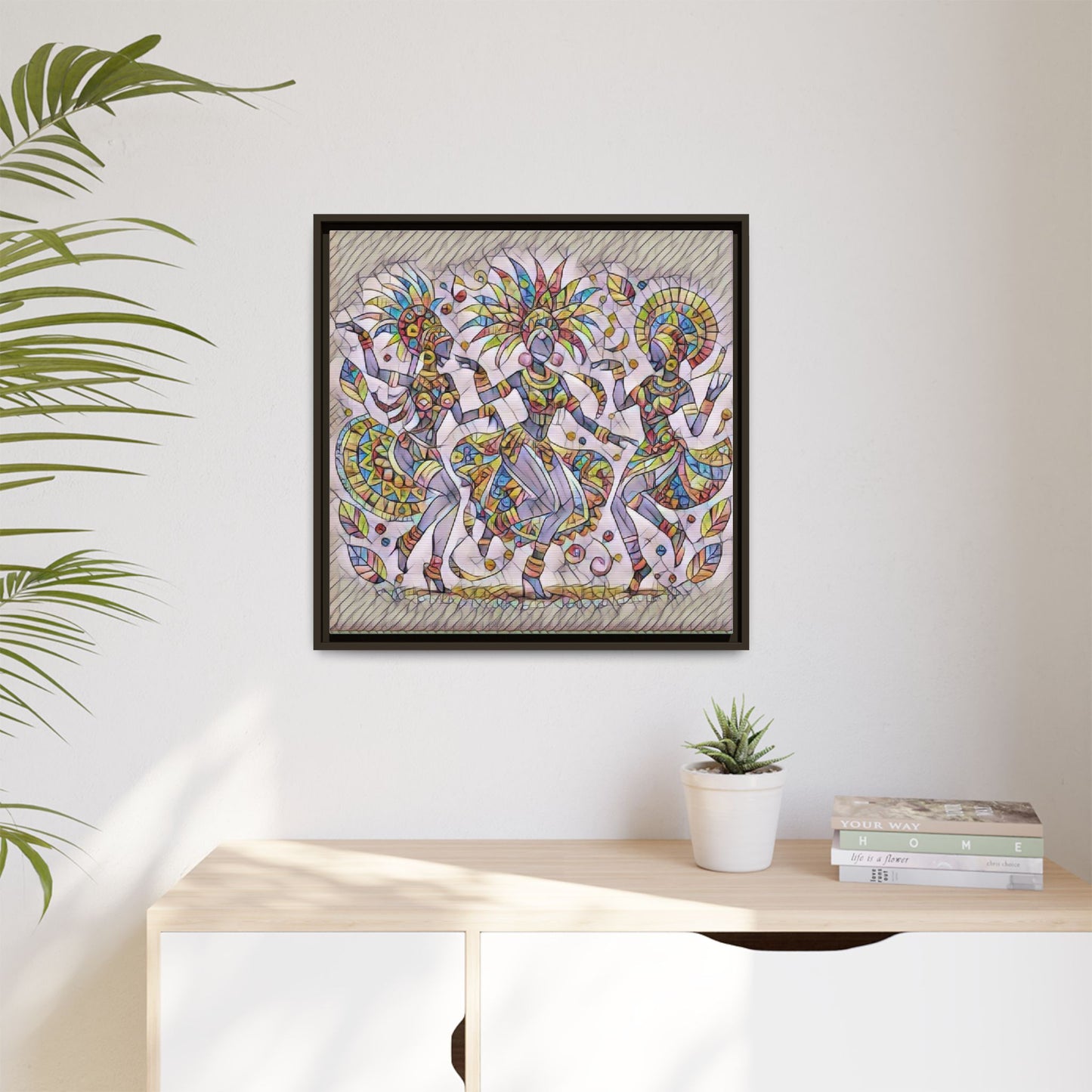 Colorful Carnival Dancers Framed Canvas Art — Multicolor Tribal Celebration Print