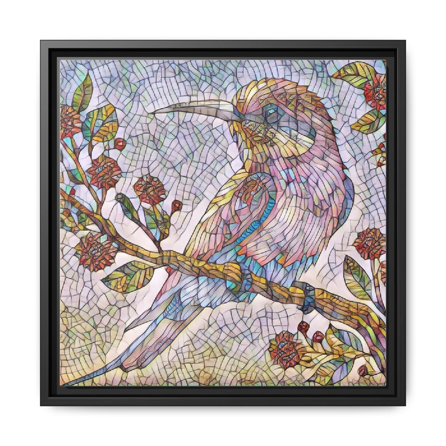 Framed Mosaic Bird Art Print — Colorful Kookaburra Wall Canvas