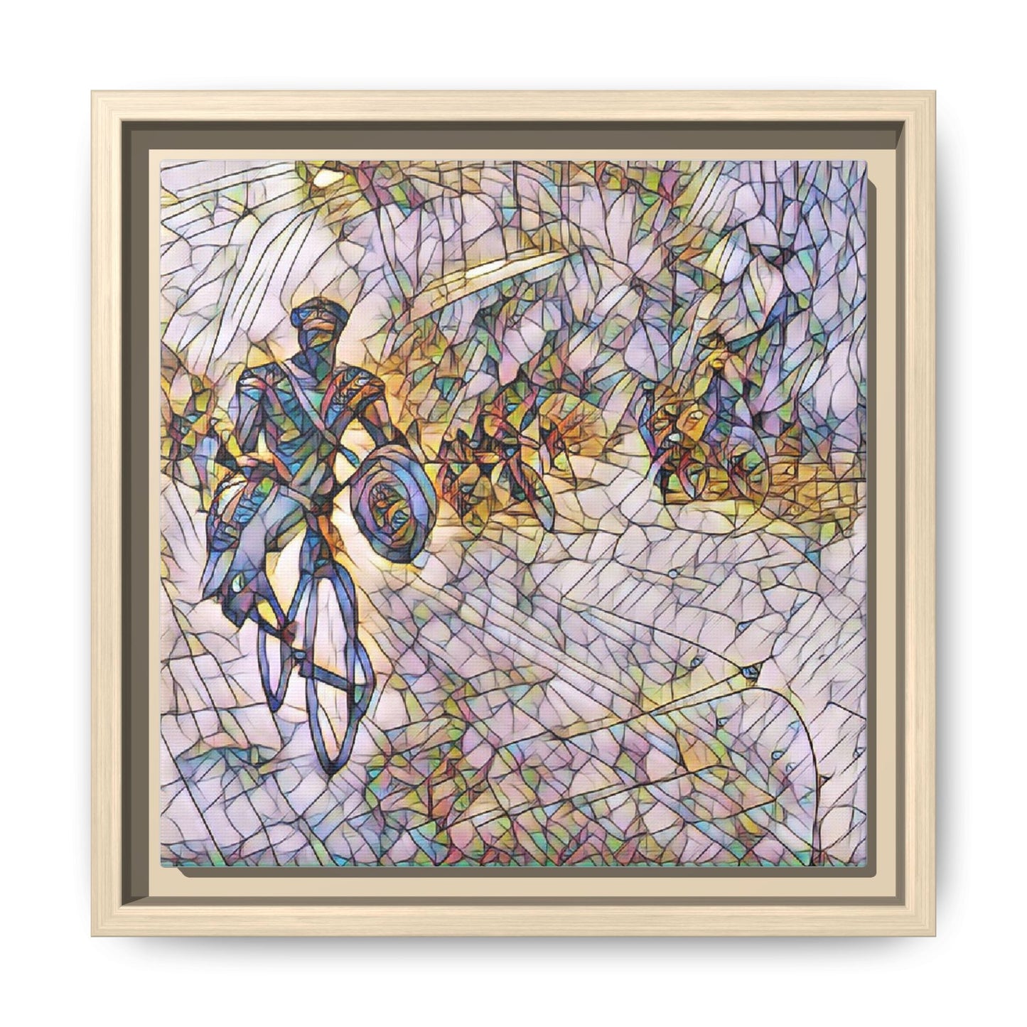 Cyclist Mosaic Matte Canvas Framed Wall Art — Colorful Biking Scene
