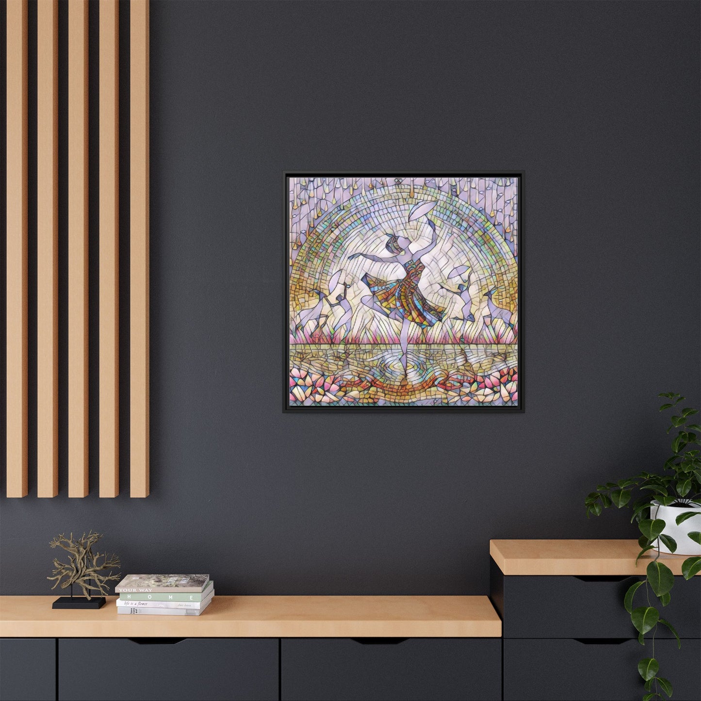 Stained Glass Ballerina Framed Canvas Art — Dancer Mosaic Wall Decor