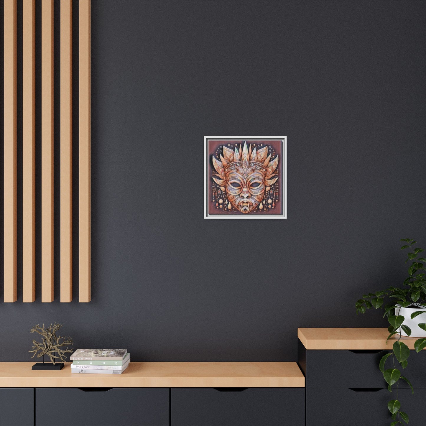 Tribal Sun Mask Framed Canvas Art — Boho Ethnic Wall Decor