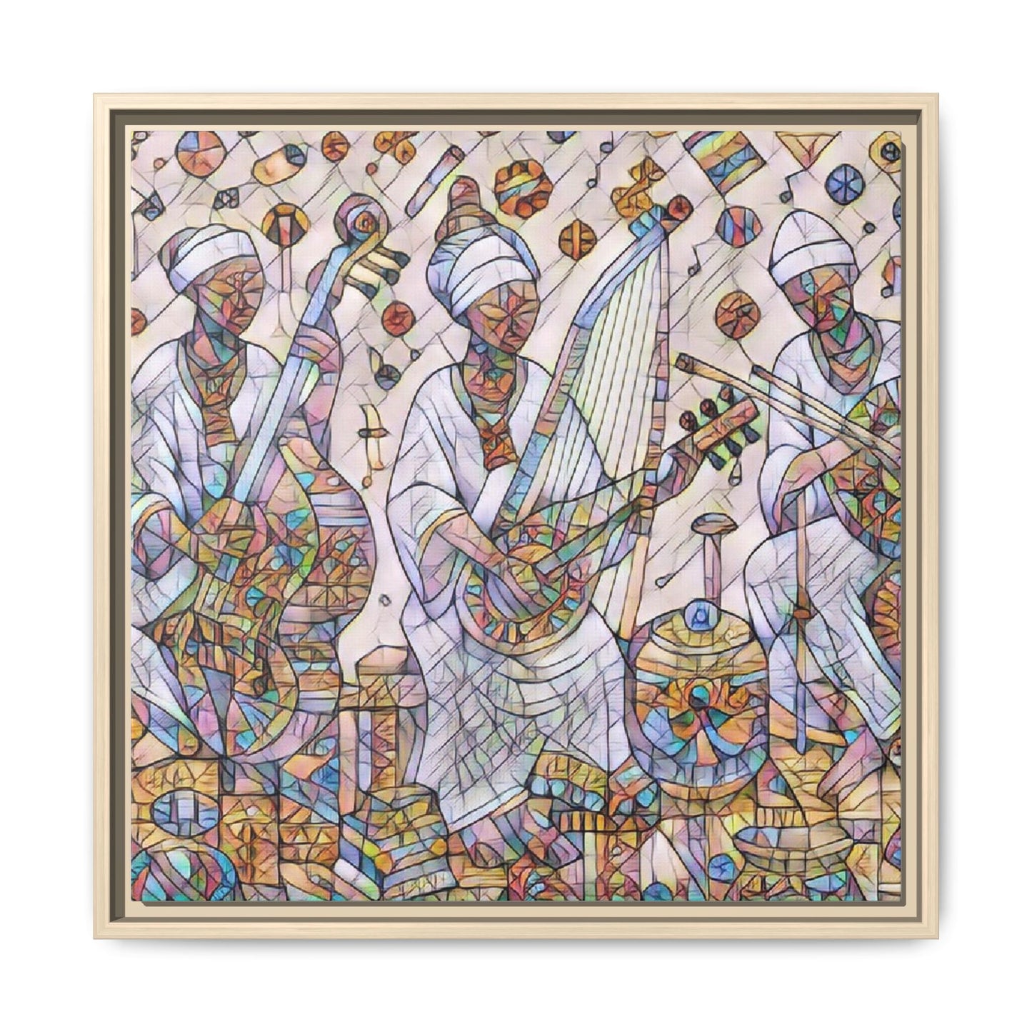 Framed Matte Canvas Print — Colorful African Musicians Stained-Glass Art