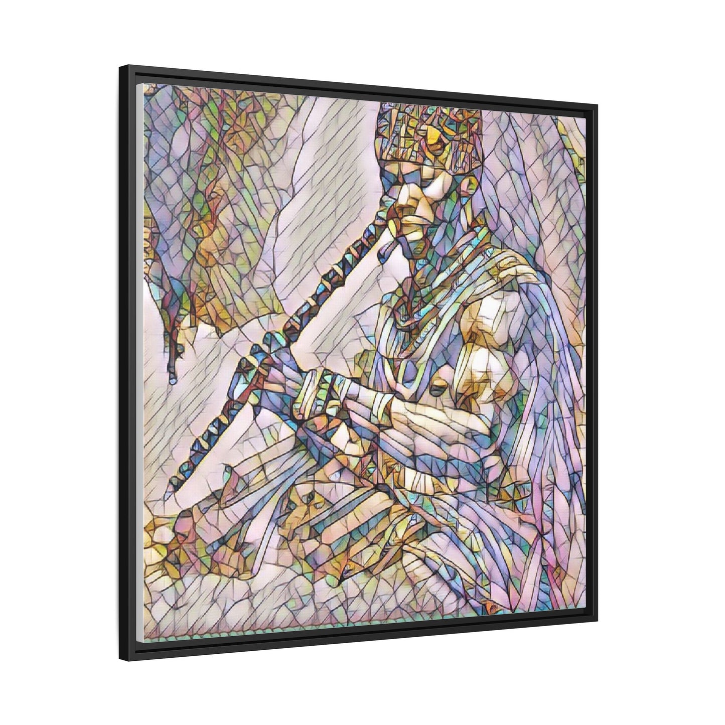 Tribal Flute Musician Stained-Glass Framed Canvas Art