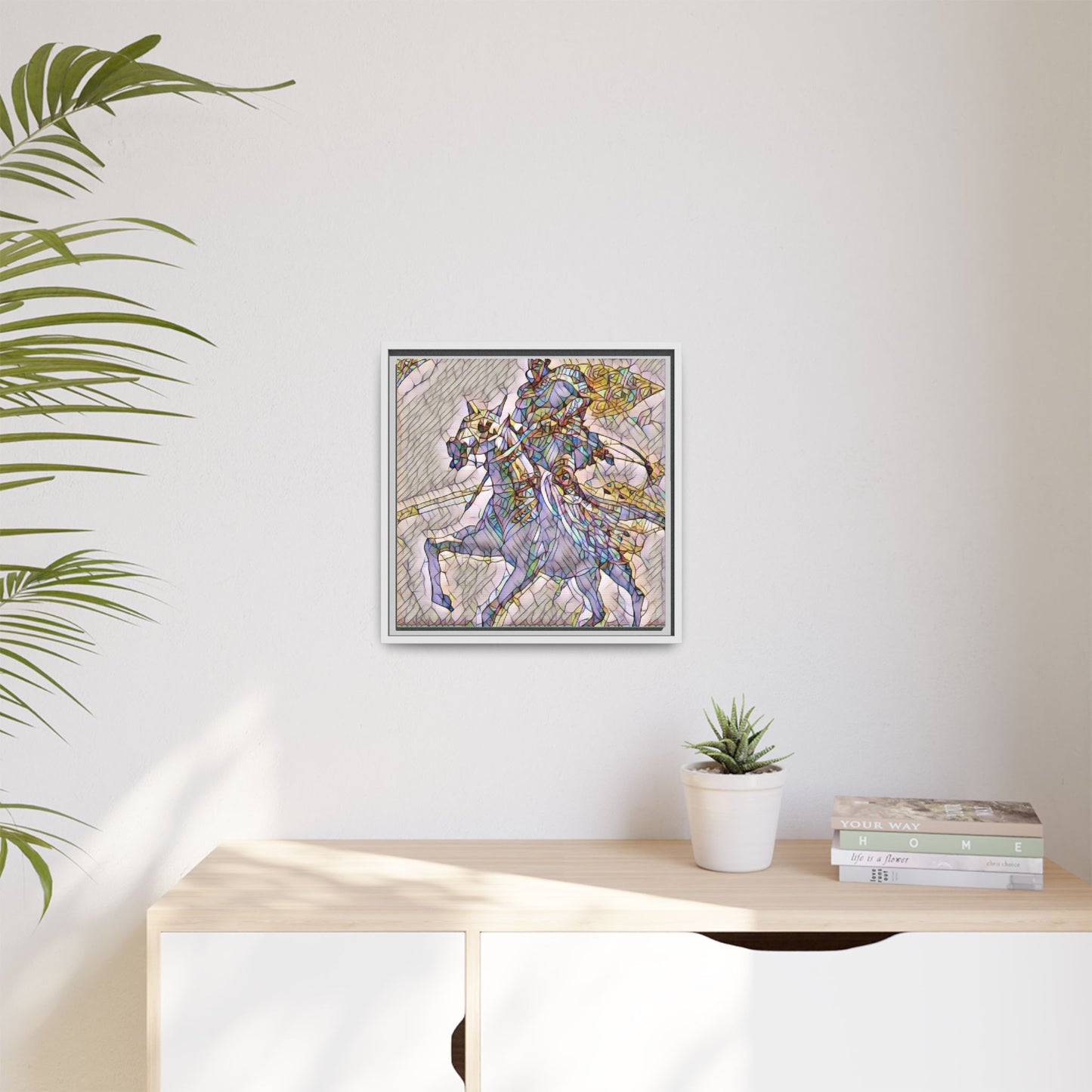Framed Matte Canvas Art — Stained Glass Knight on Horse Fantasy Wall Decor
