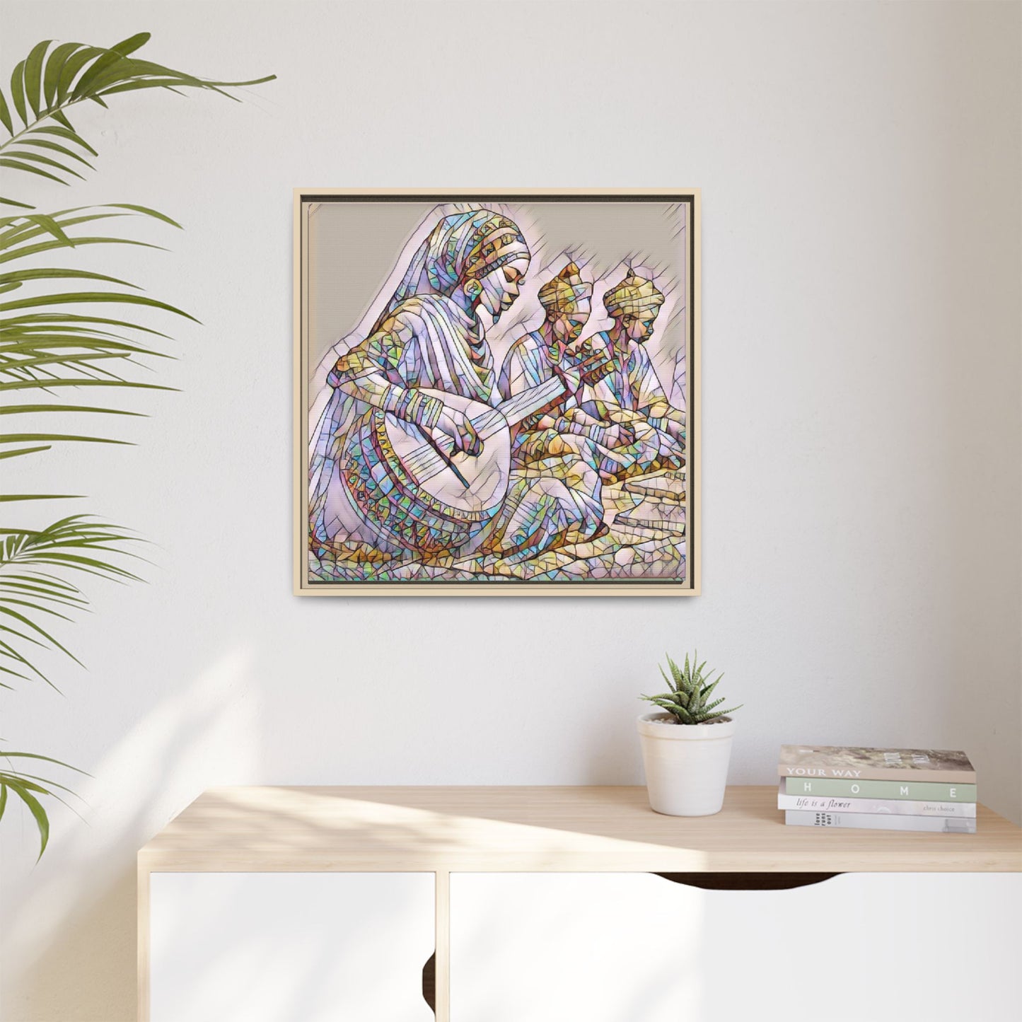 Framed Matte Canvas: Colorful Moroccan Musicians Wall Art