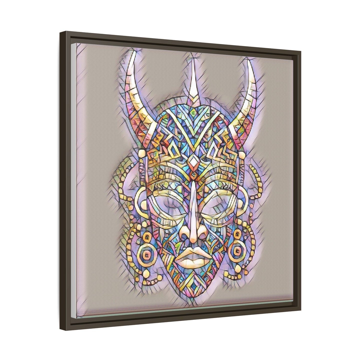 Colorful Tribal Mask Framed Canvas Art — Abstract Ethnic Wall Decor