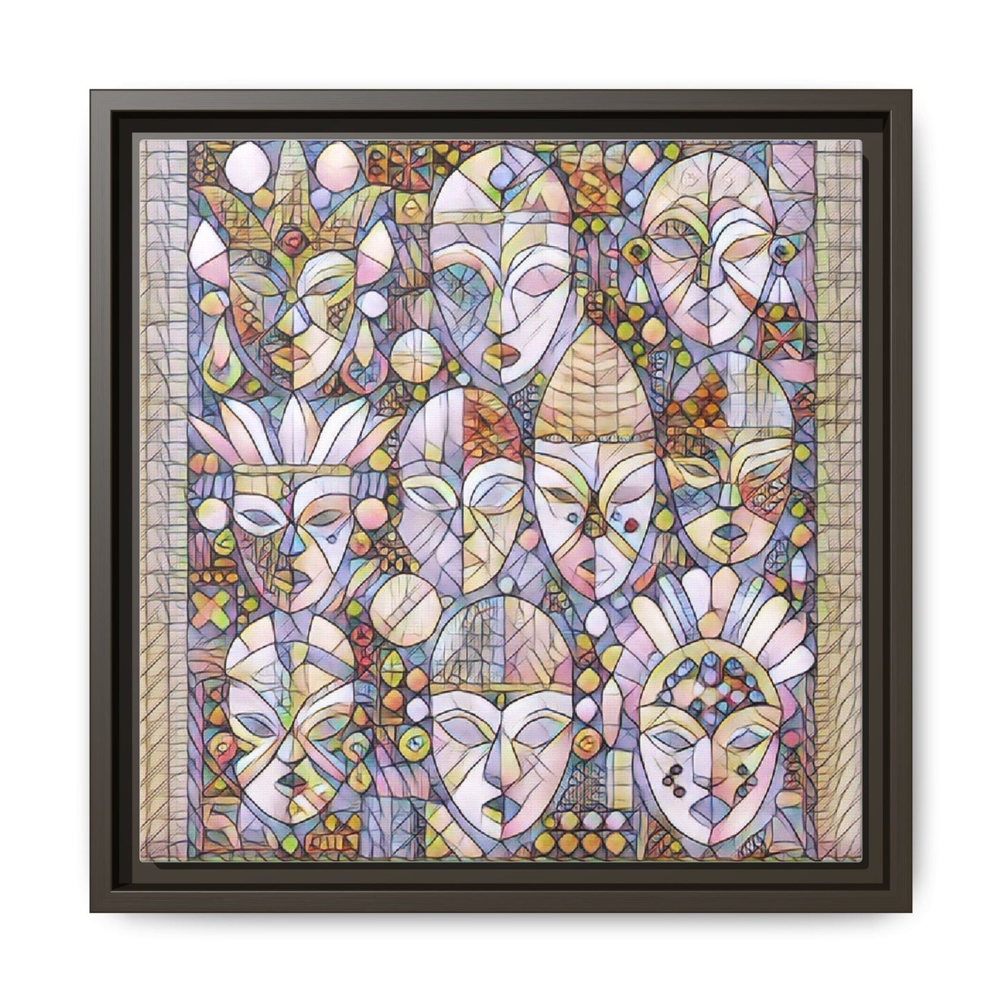 Framed Abstract Mask Art Canvas — Multicolor Stained-Glass Faces Wall Decor