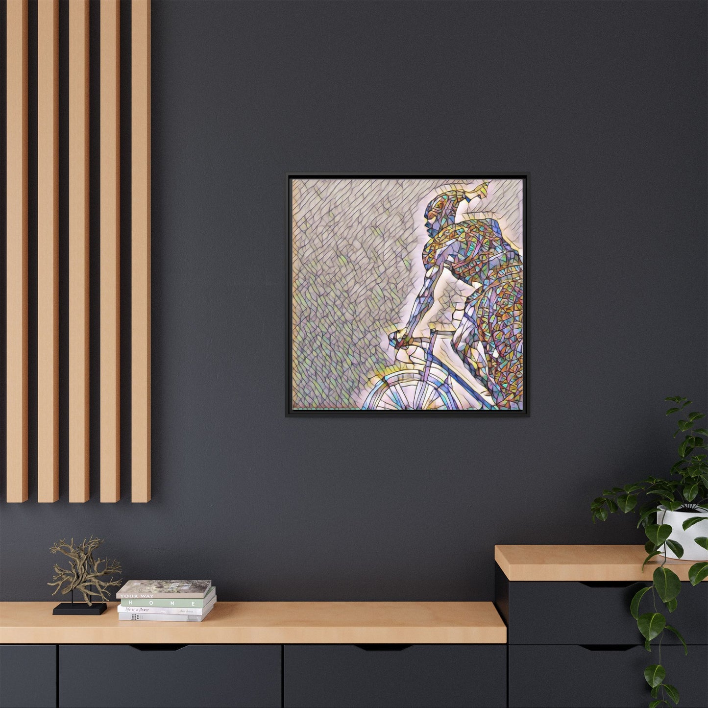 Cyclist Mosaic Matte Canvas Print — Framed Multicolor Bike Art