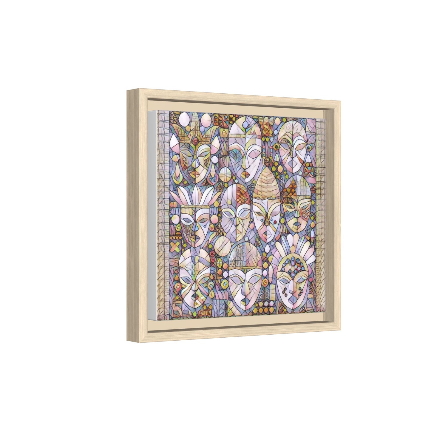 Framed Abstract Mask Art Canvas — Multicolor Stained-Glass Faces Wall Decor