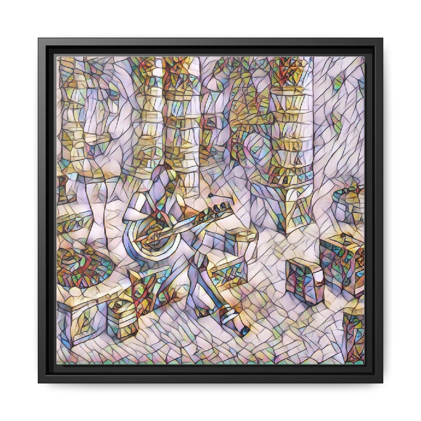 Framed Matte Canvas Art - Abstract Guitarist in Colorful Mosaic