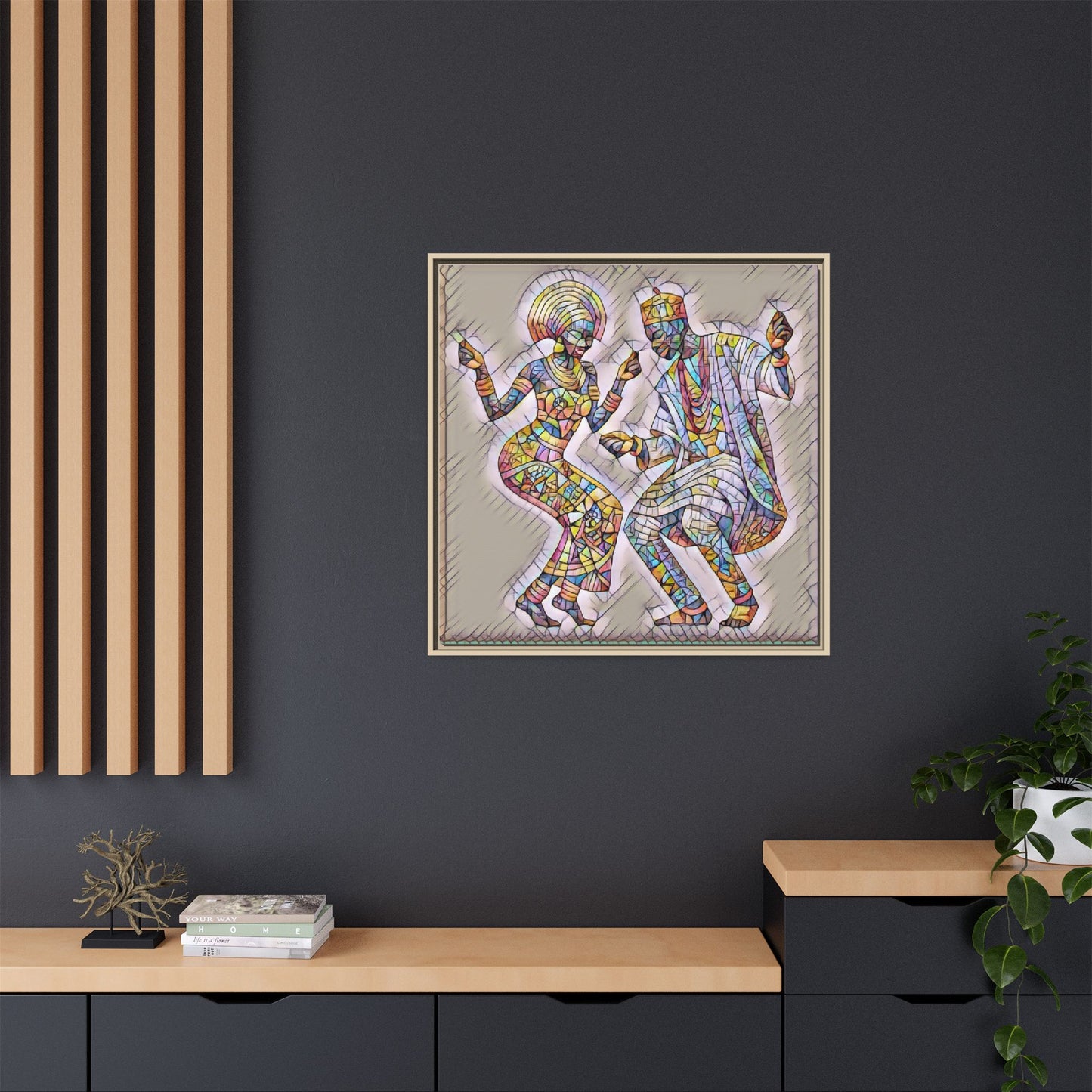 Afrobeat Dancers Framed Canvas Art — Colorful Mosaic African Dance Print