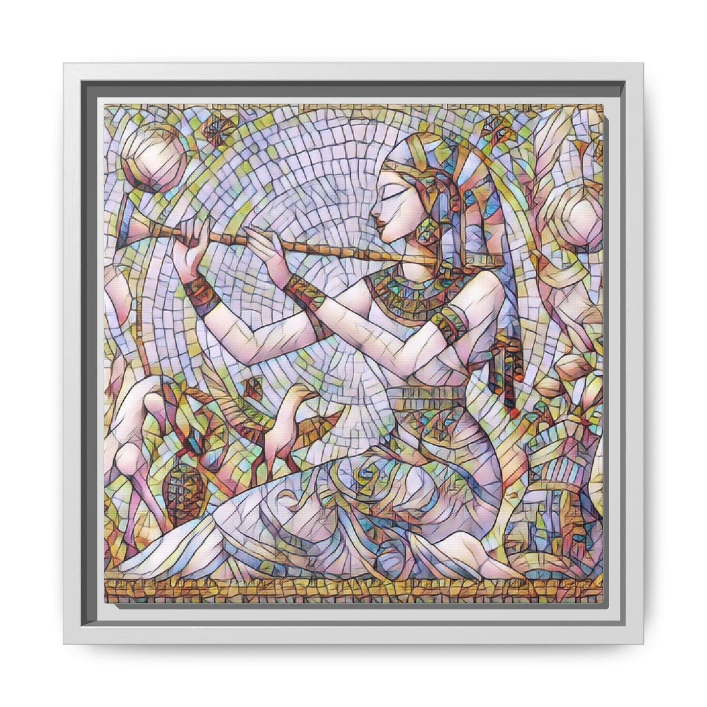 Egyptian Flute Player Framed Canvas Art — Colorful Mosaic Wall Decor