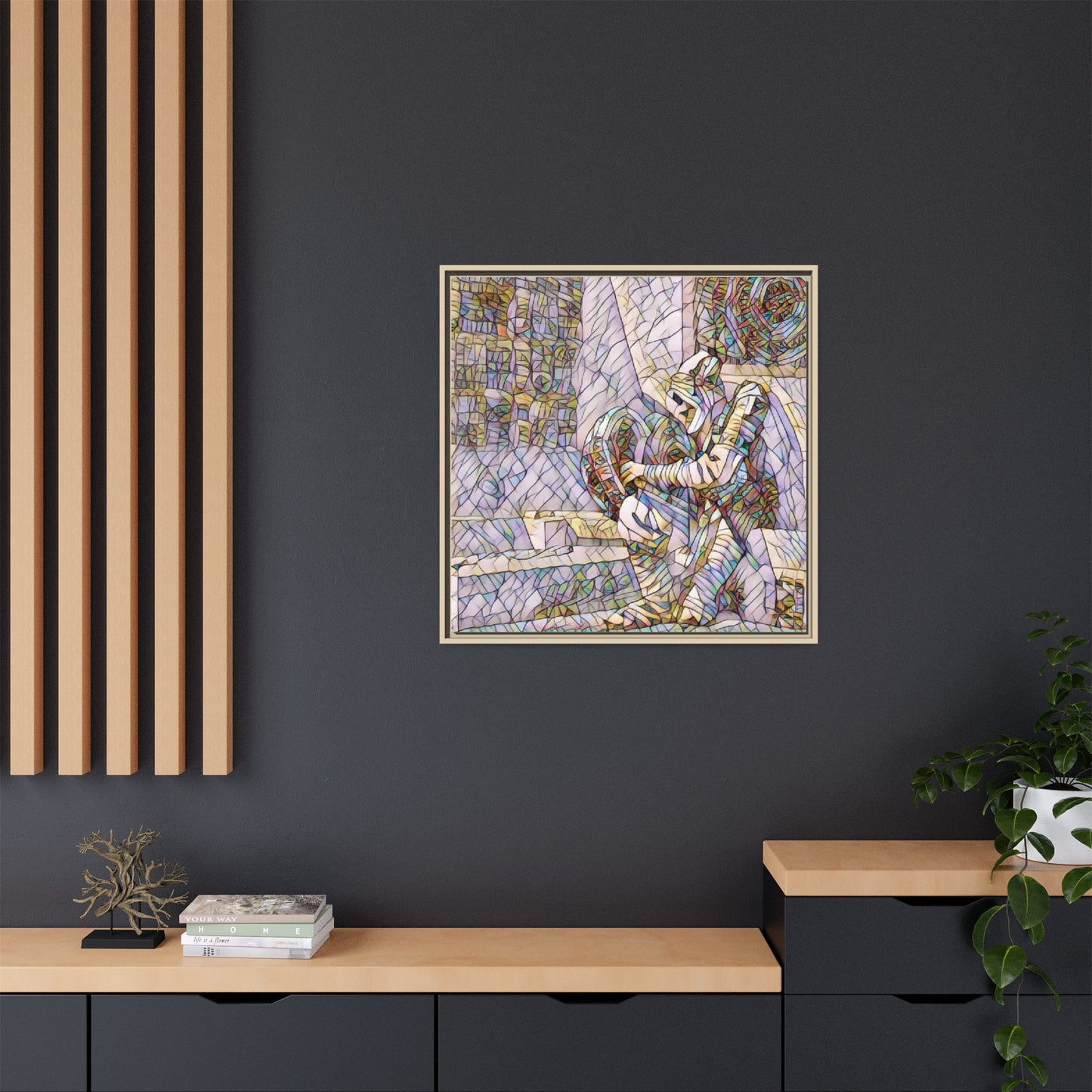Framed Matte Canvas Art — Colorful Stained-Glass Astronaut Embrace