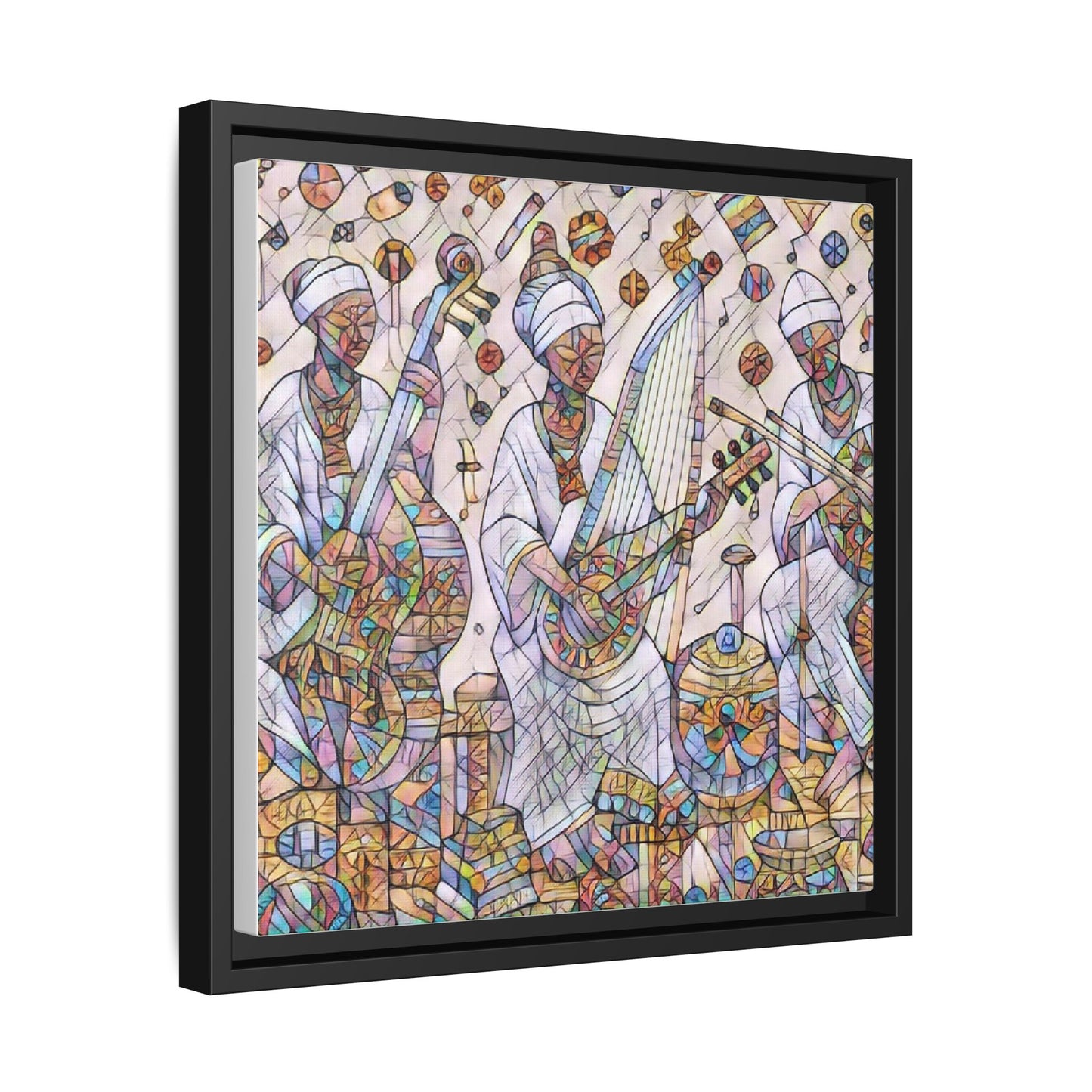 Framed Matte Canvas Print — Colorful African Musicians Stained-Glass Art