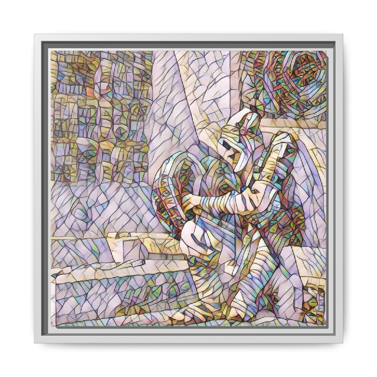 Framed Matte Canvas Art — Colorful Stained-Glass Astronaut Embrace