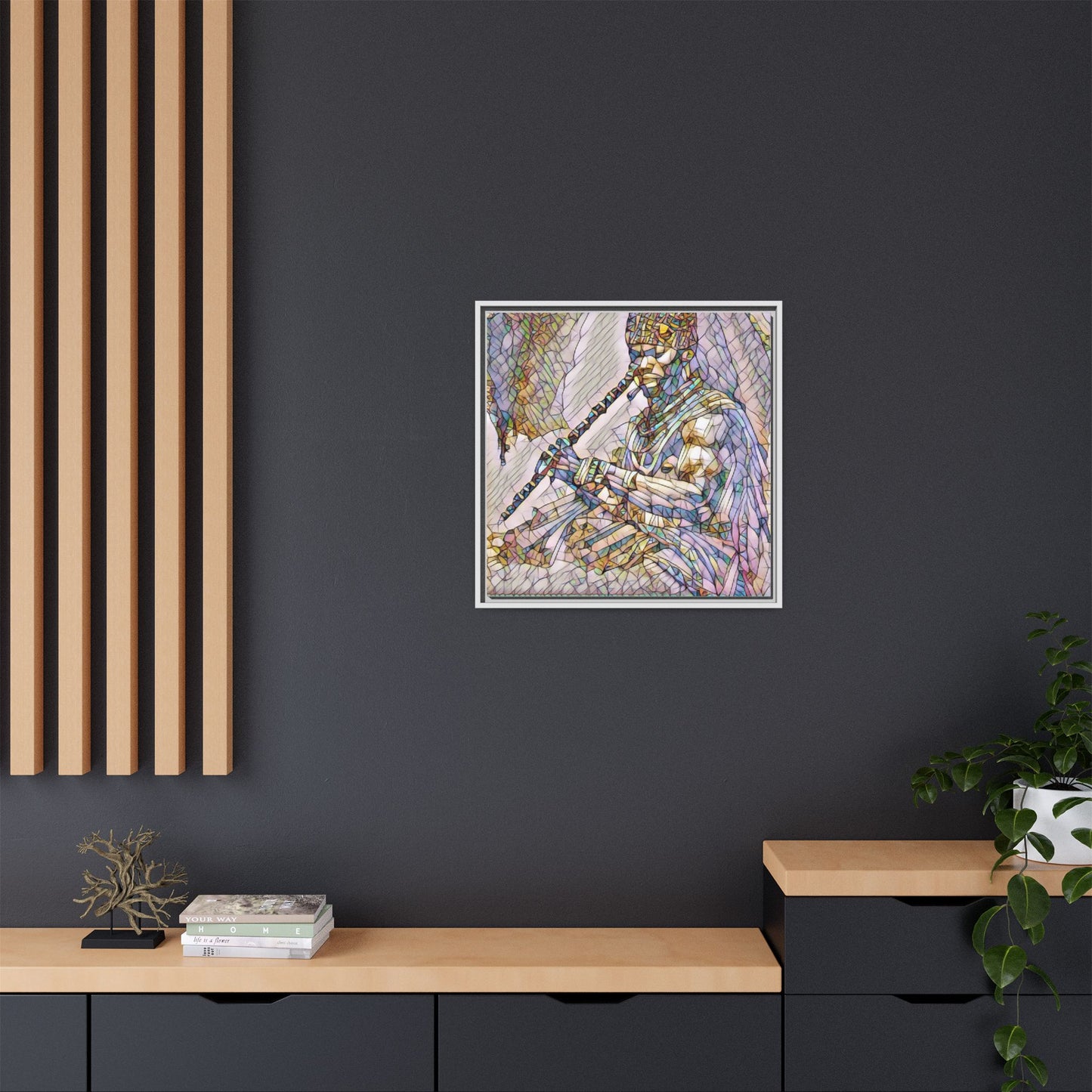Tribal Flute Musician Stained-Glass Framed Canvas Art
