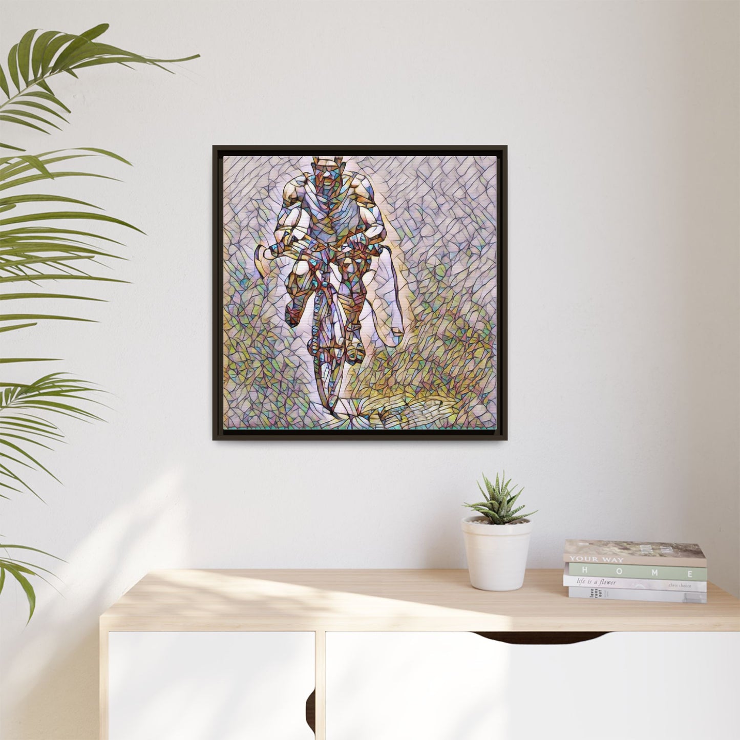 Cyclist Art Print — Framed Matte Canvas Wall Art (Multicolor Stained-Glass Style)