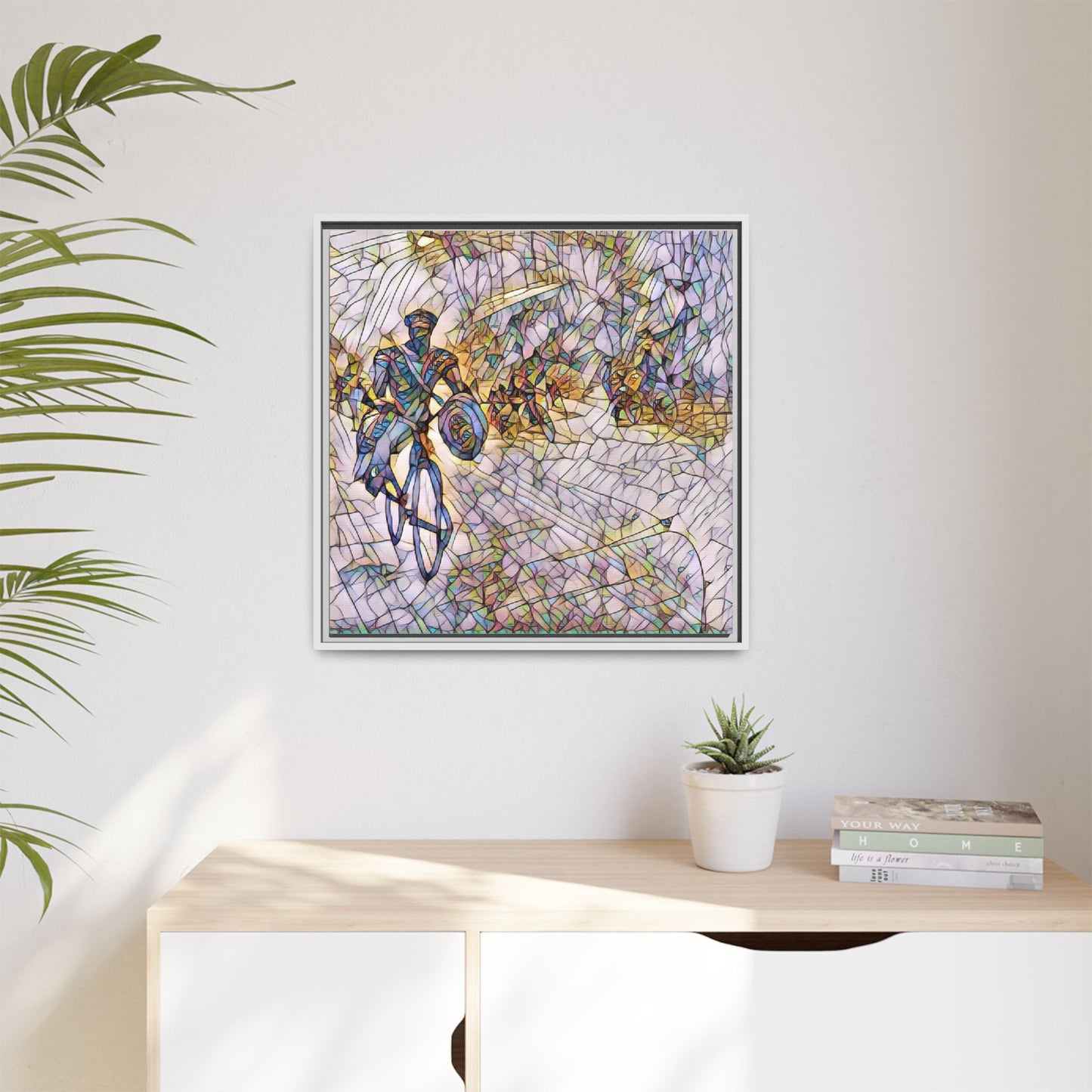 Cyclist Mosaic Matte Canvas Framed Wall Art — Colorful Biking Scene
