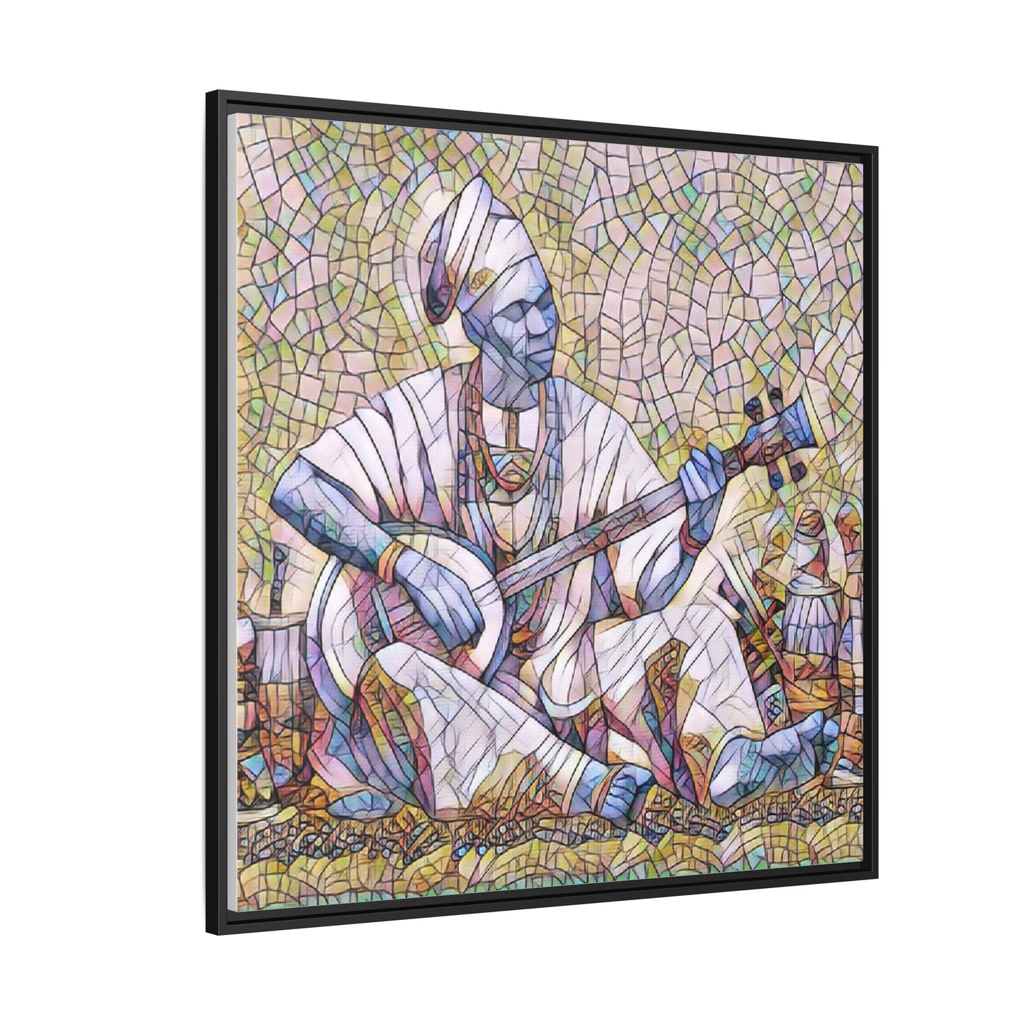 Framed Mosaic Musician Canvas Art — African Griot with Kora