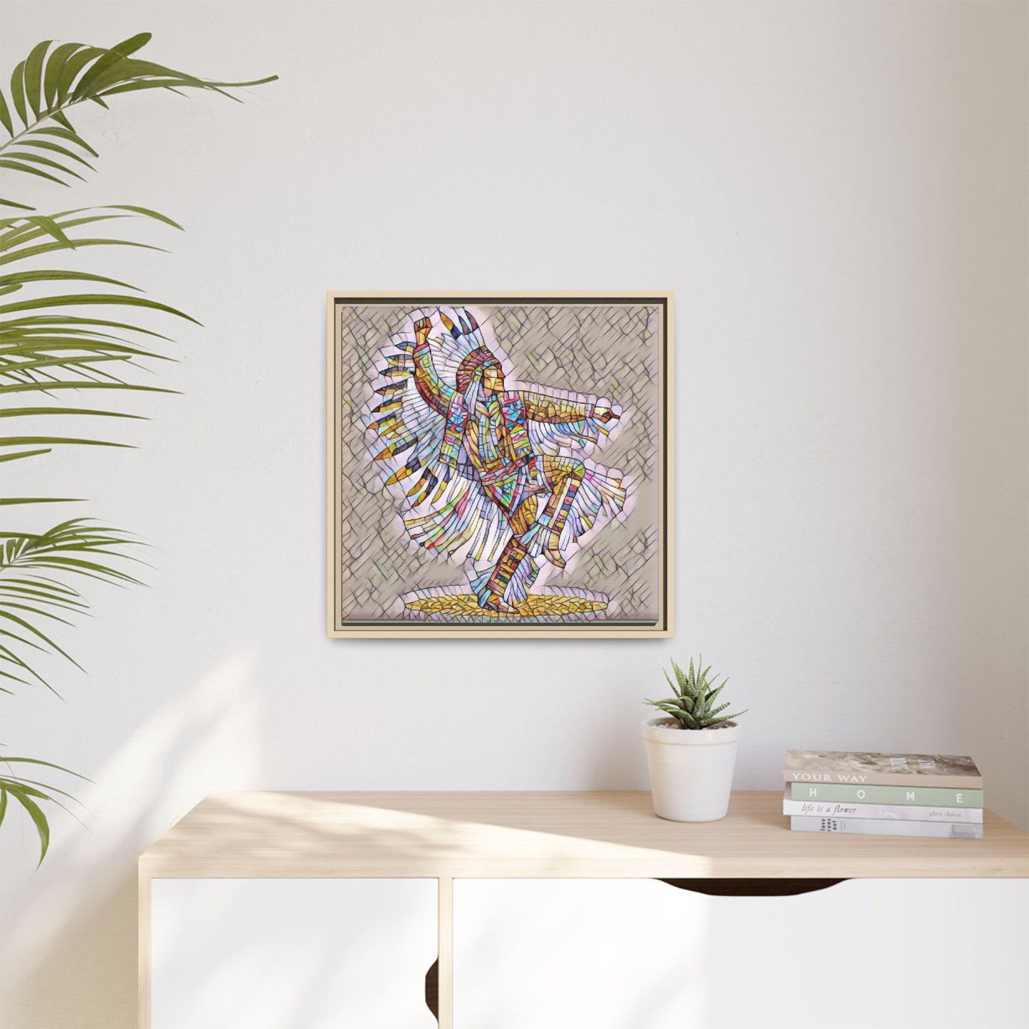 Colorful Native Dancer Framed Canvas Art — Stained Glass Style Wall Decor