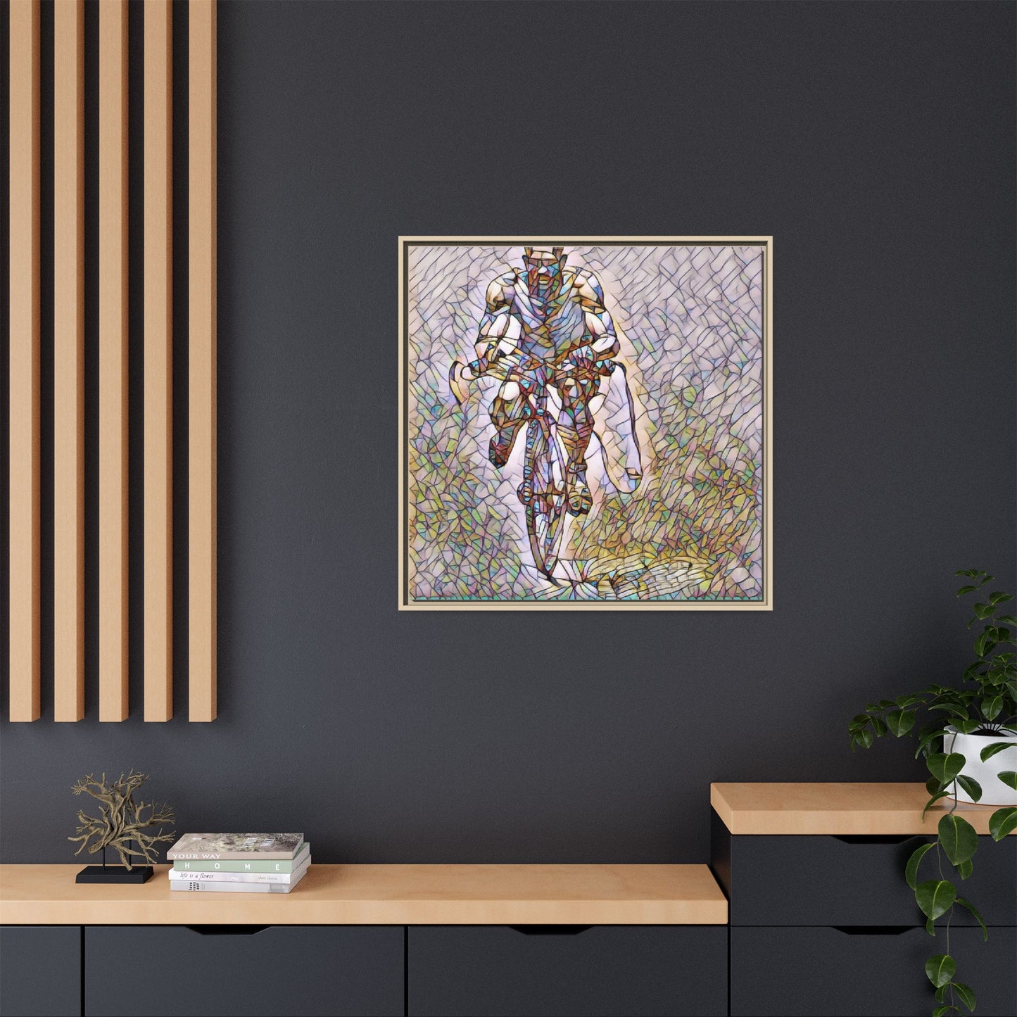 Cyclist Art Print — Framed Matte Canvas Wall Art (Multicolor Stained-Glass Style)