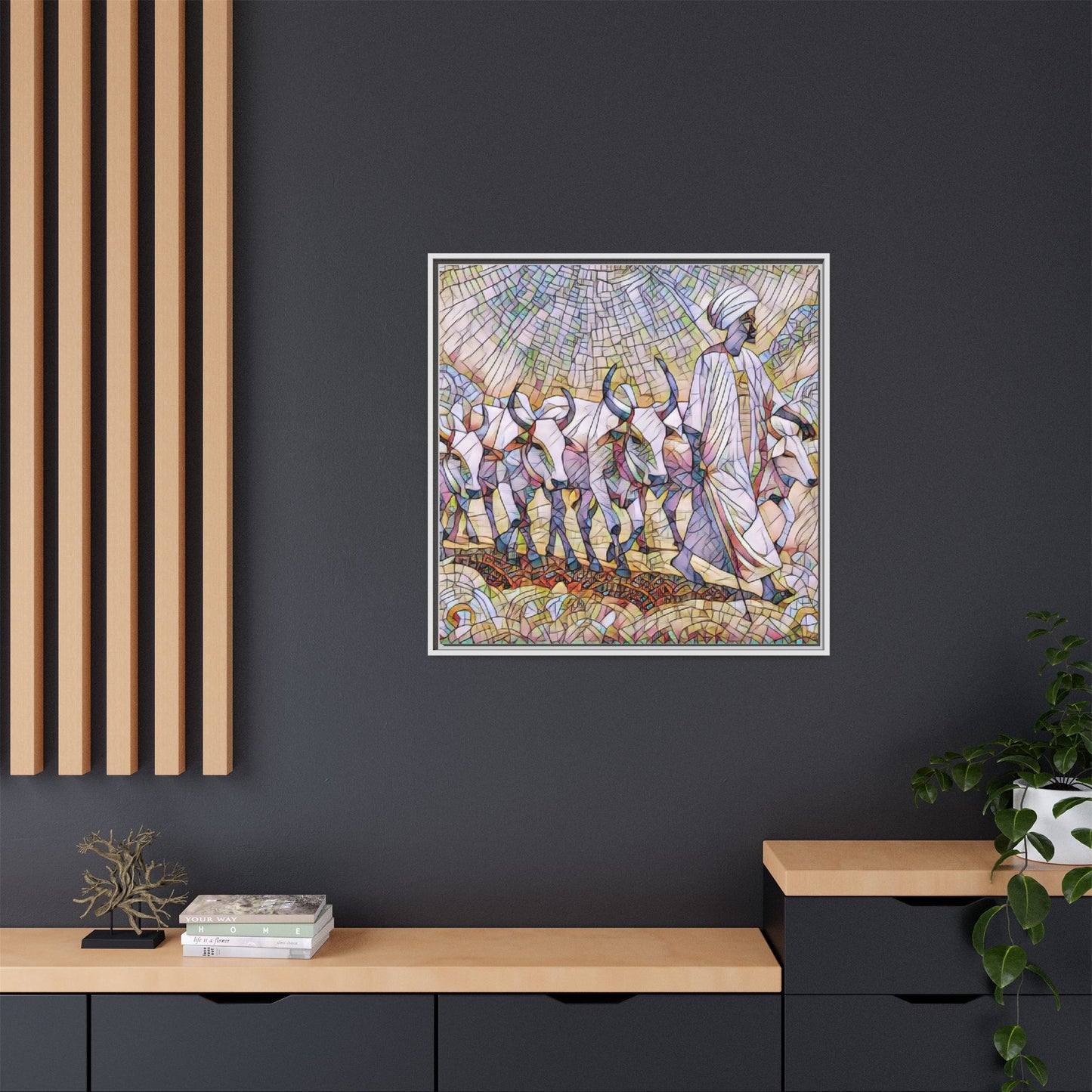Framed Matte Canvas Art — African Herdsman Mosaic Print
