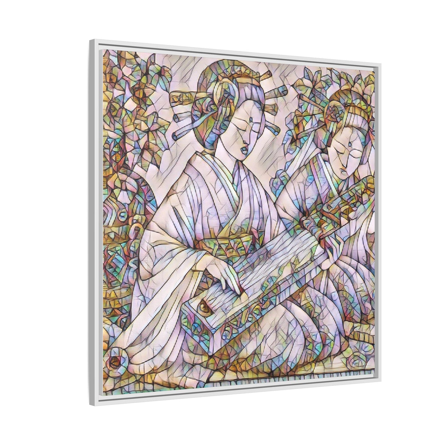 Framed Matte Canvas Print — Stained-Glass Geisha Duo