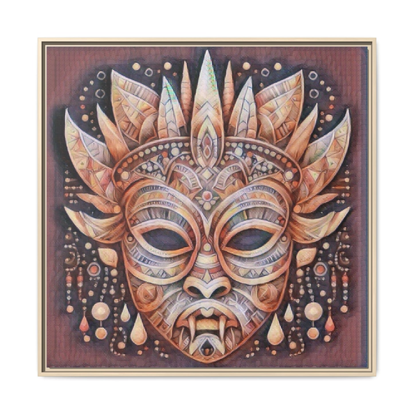 Tribal Sun Mask Framed Canvas Art — Boho Ethnic Wall Decor