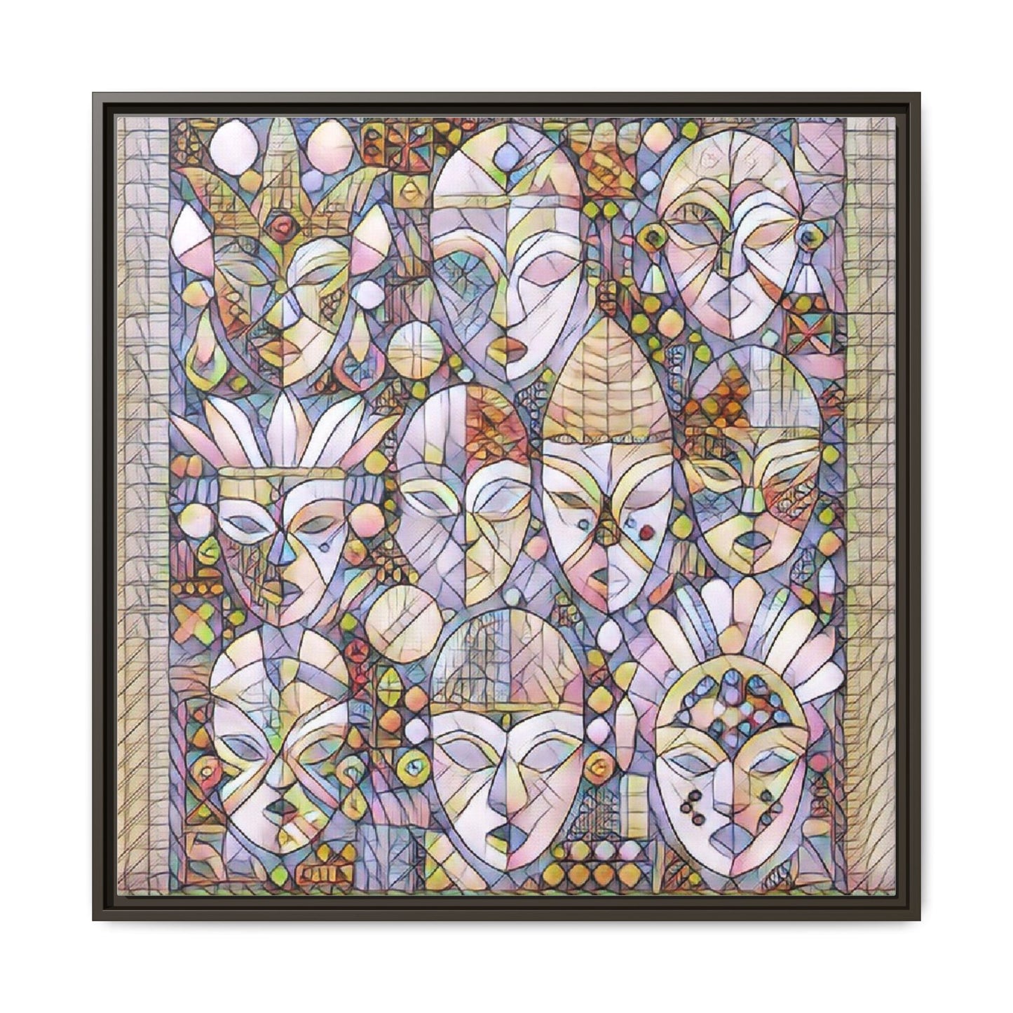 Framed Abstract Mask Art Canvas — Multicolor Stained-Glass Faces Wall Decor