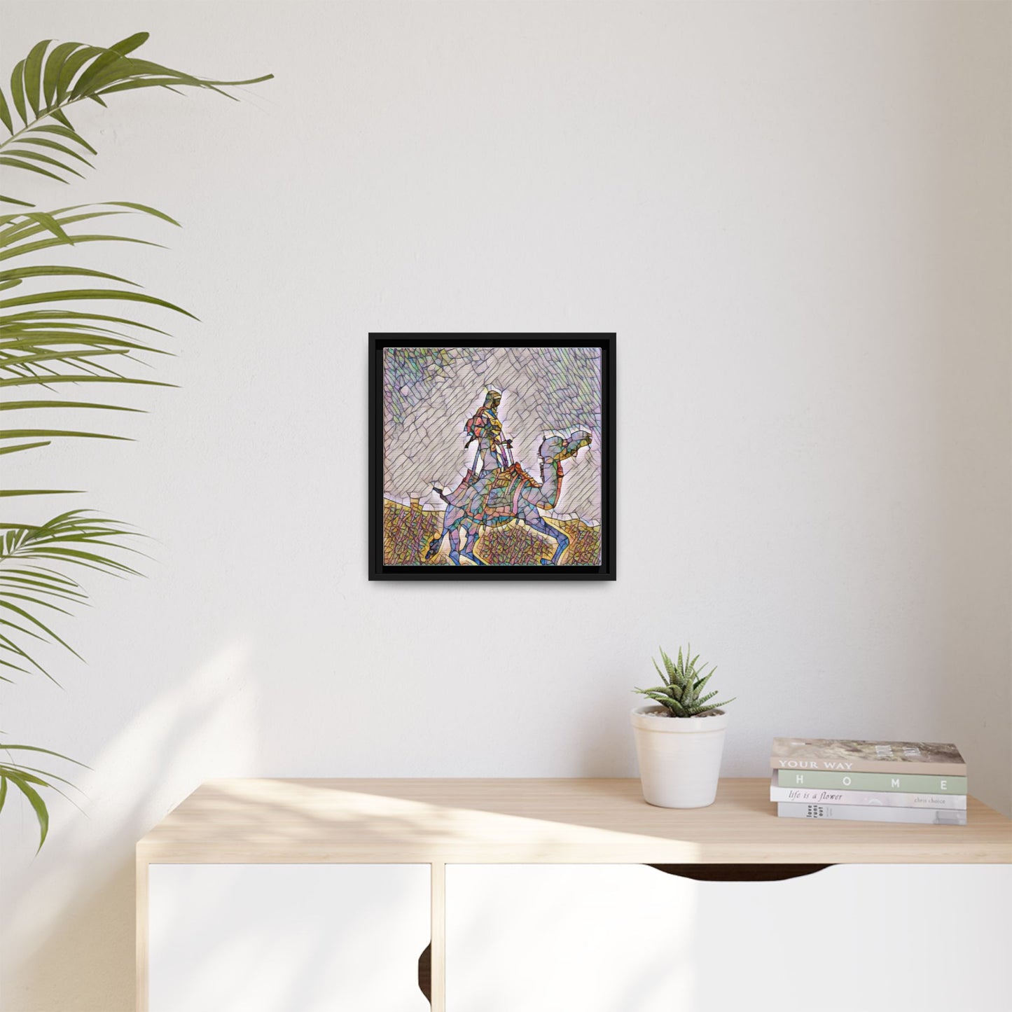 Framed Camel Rider Matte Canvas Art — Colorful Mosaic Desert Wall Decor