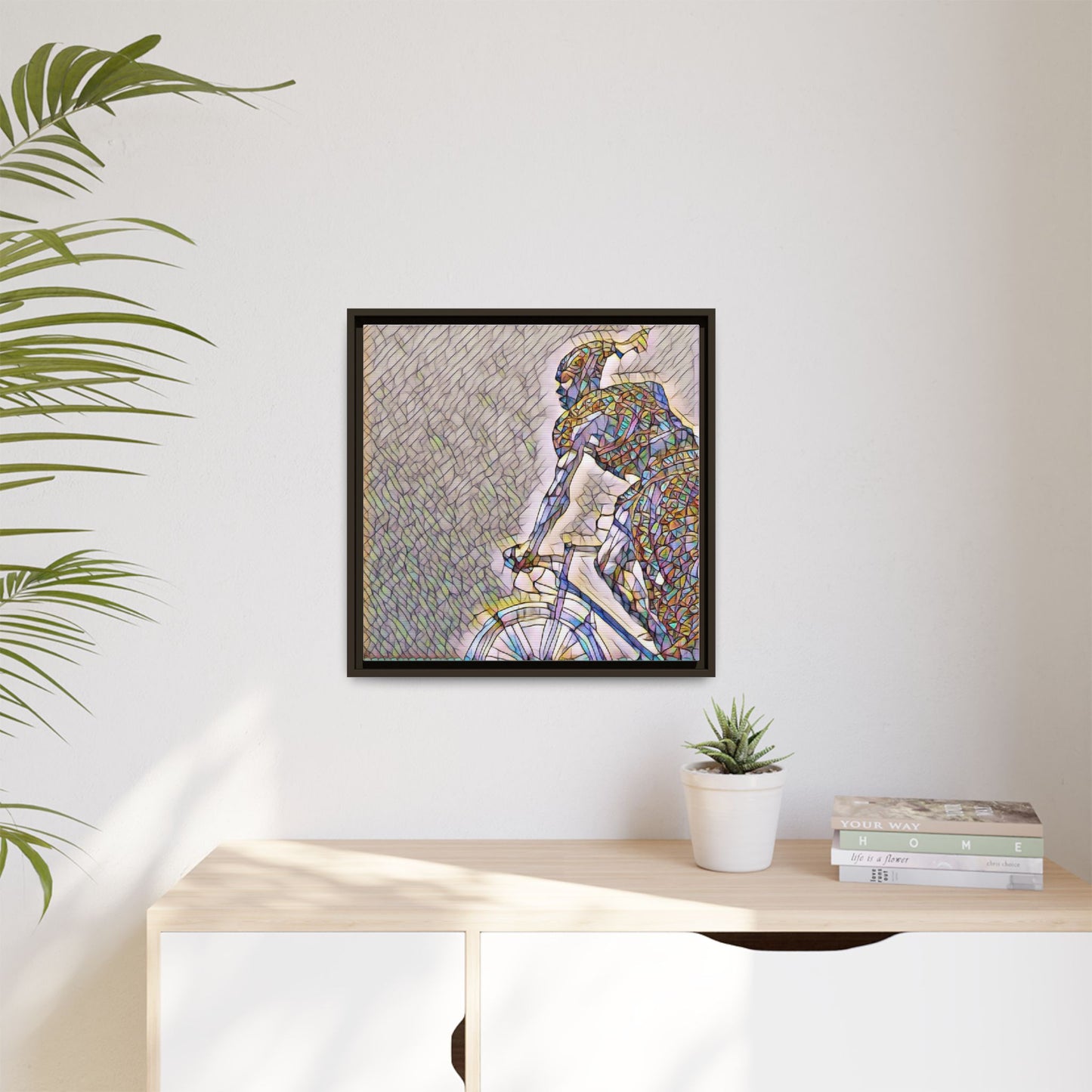 Cyclist Mosaic Matte Canvas Print — Framed Multicolor Bike Art