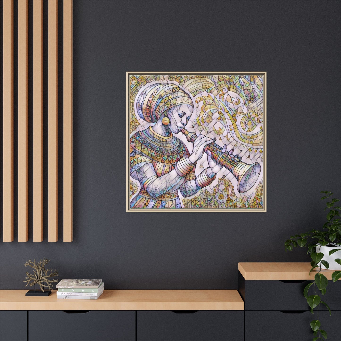Egyptian Flutist Mosaic Matte Canvas Framed Art