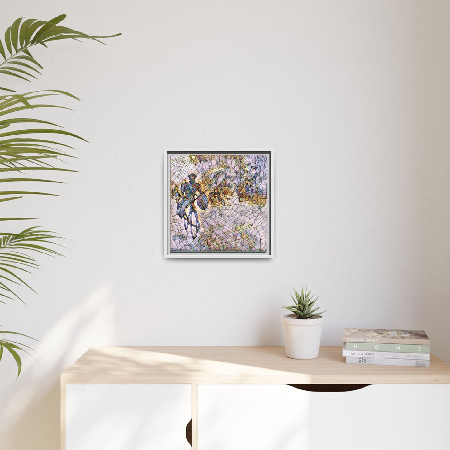 Cyclist Mosaic Matte Canvas Framed Wall Art — Colorful Biking Scene