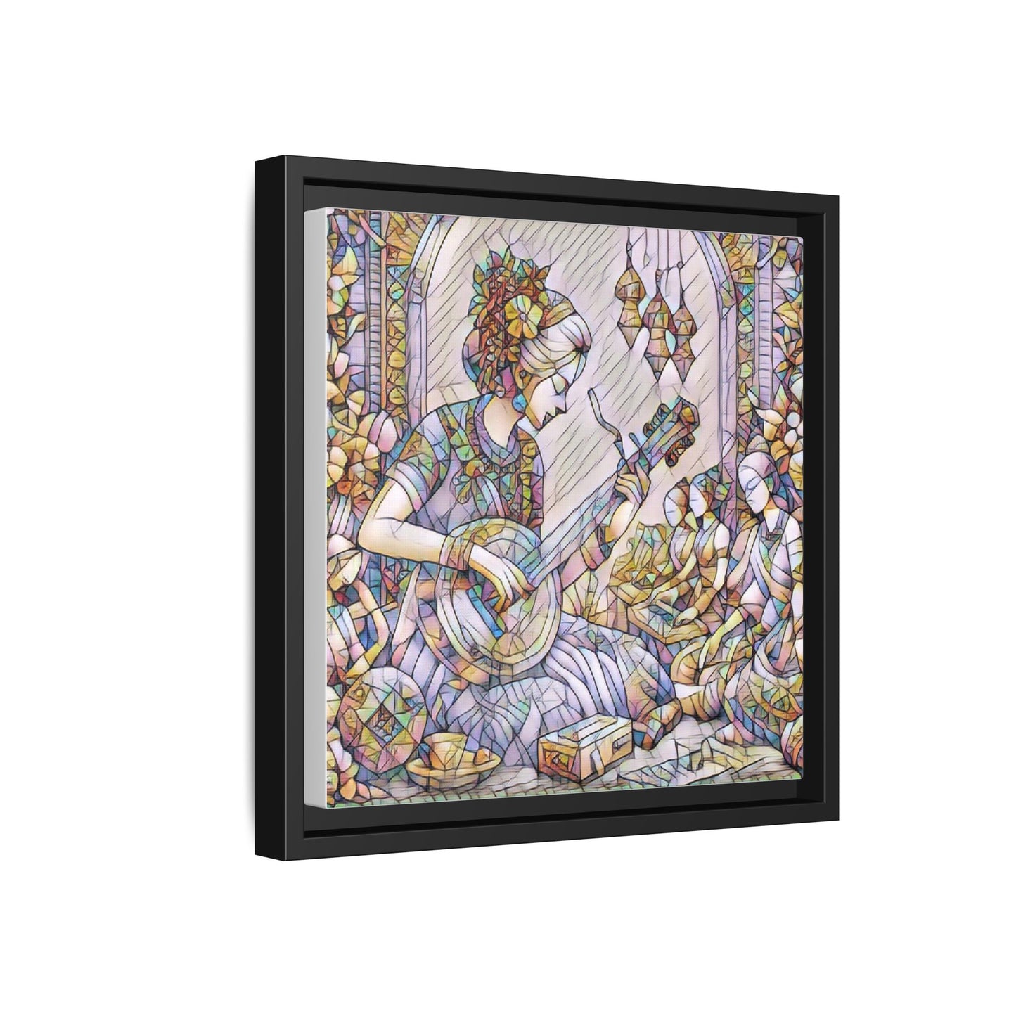Framed Matte Canvas: Bohemian Woman Playing Lute — Stained-Glass Style Wall Art